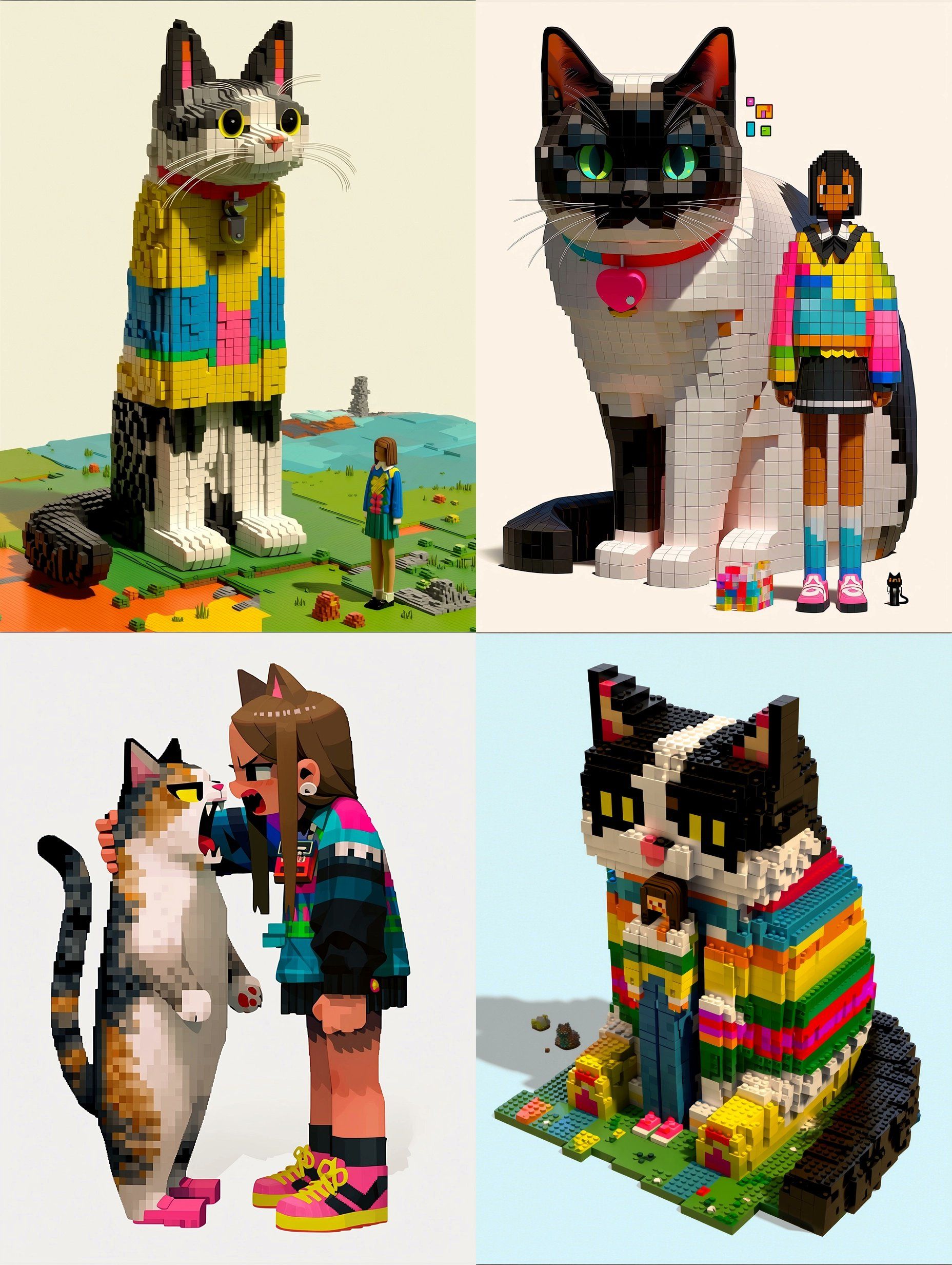 Creative composition of LEGO pixel cats and girls