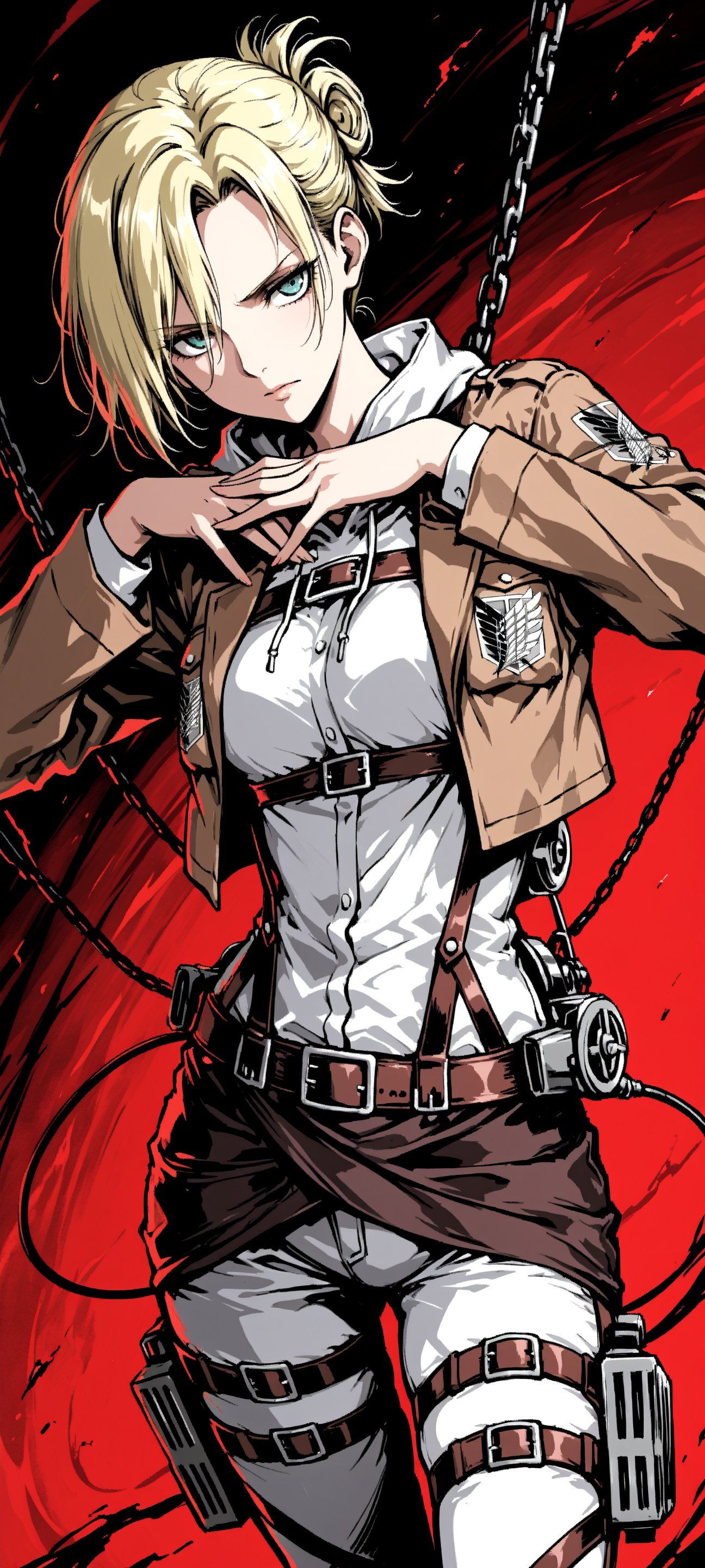 Blonde girl in Survey Corps uniform shows a cold expression in red and black atmosphere