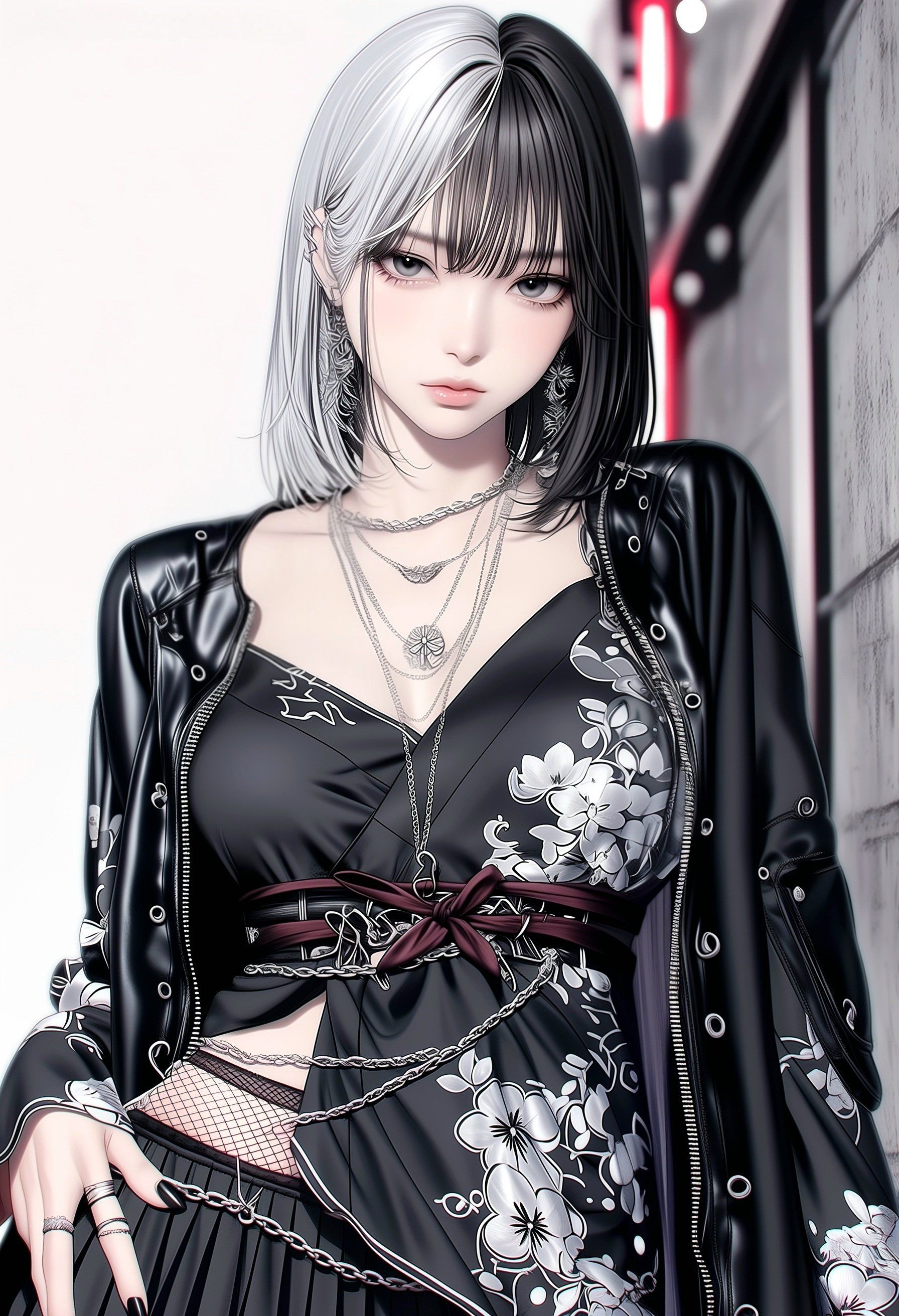 C'est une illustration d'un personnage de mode alliant des éléments modernes et traditionnels