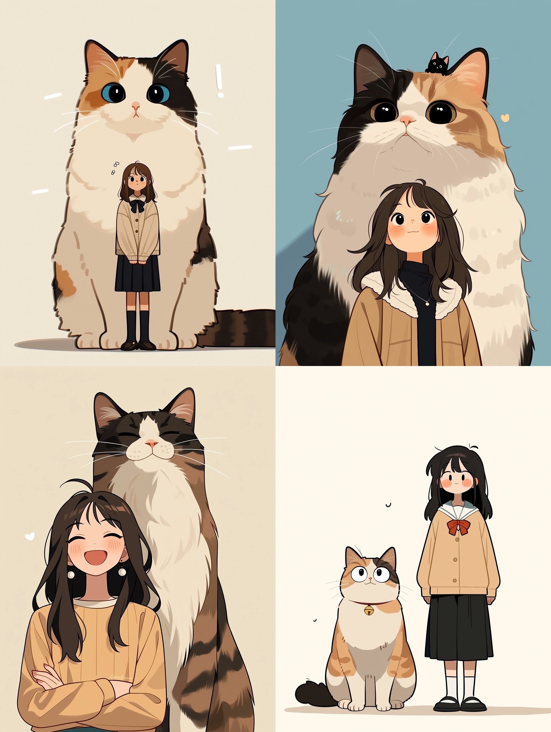 L'illustration présente des filles en uniformes et en manteaux avec des chats géants dans diverses poses, créant une atmosphère calme et apaisante