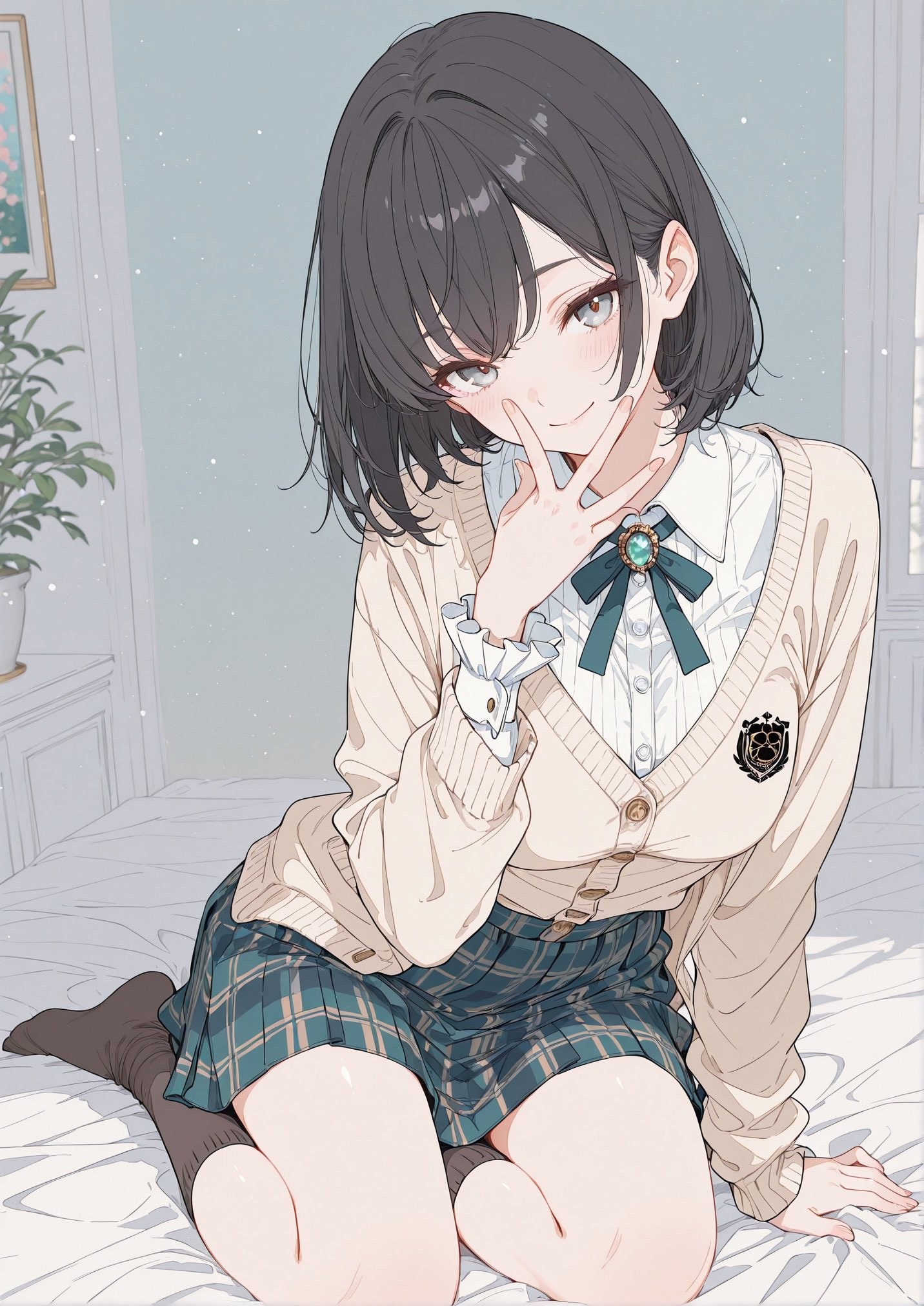 Black-haired woman in functional skirt holding a katana kneeling