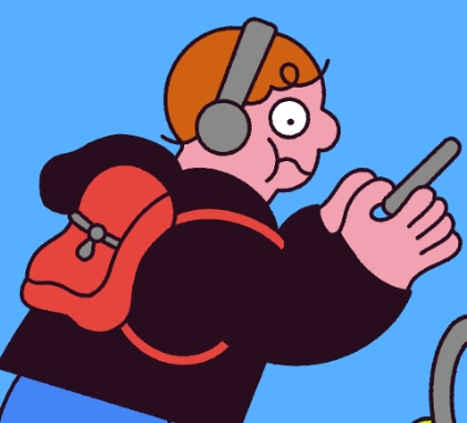 cartoon style boy wearing black jacket with red backpack focused on phone