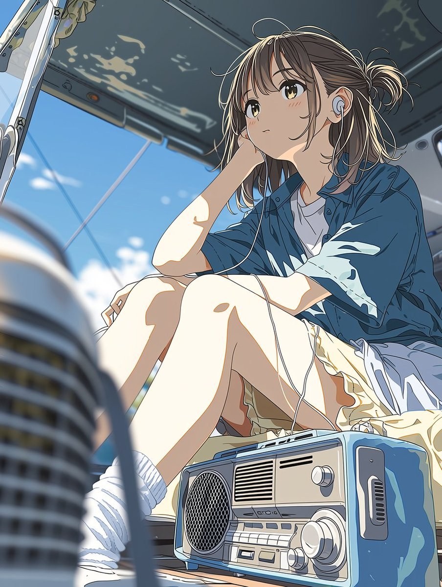 A brown-haired girl sits inside an old train car, looking out the window