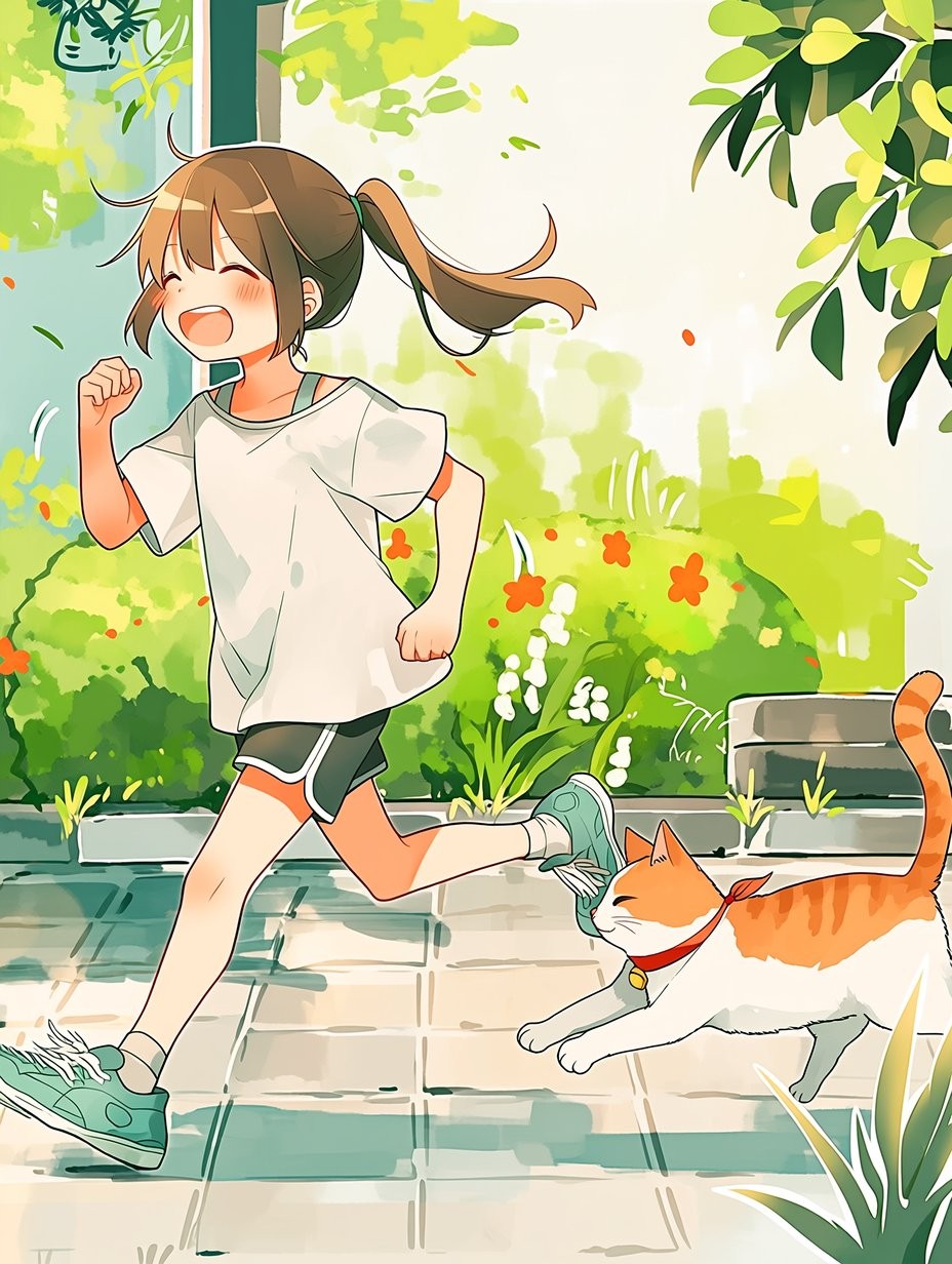 一位棕色馬尾少女在小徑上奔跑，穿著白T恤和黑短褲，跟隨一隻橘白貓