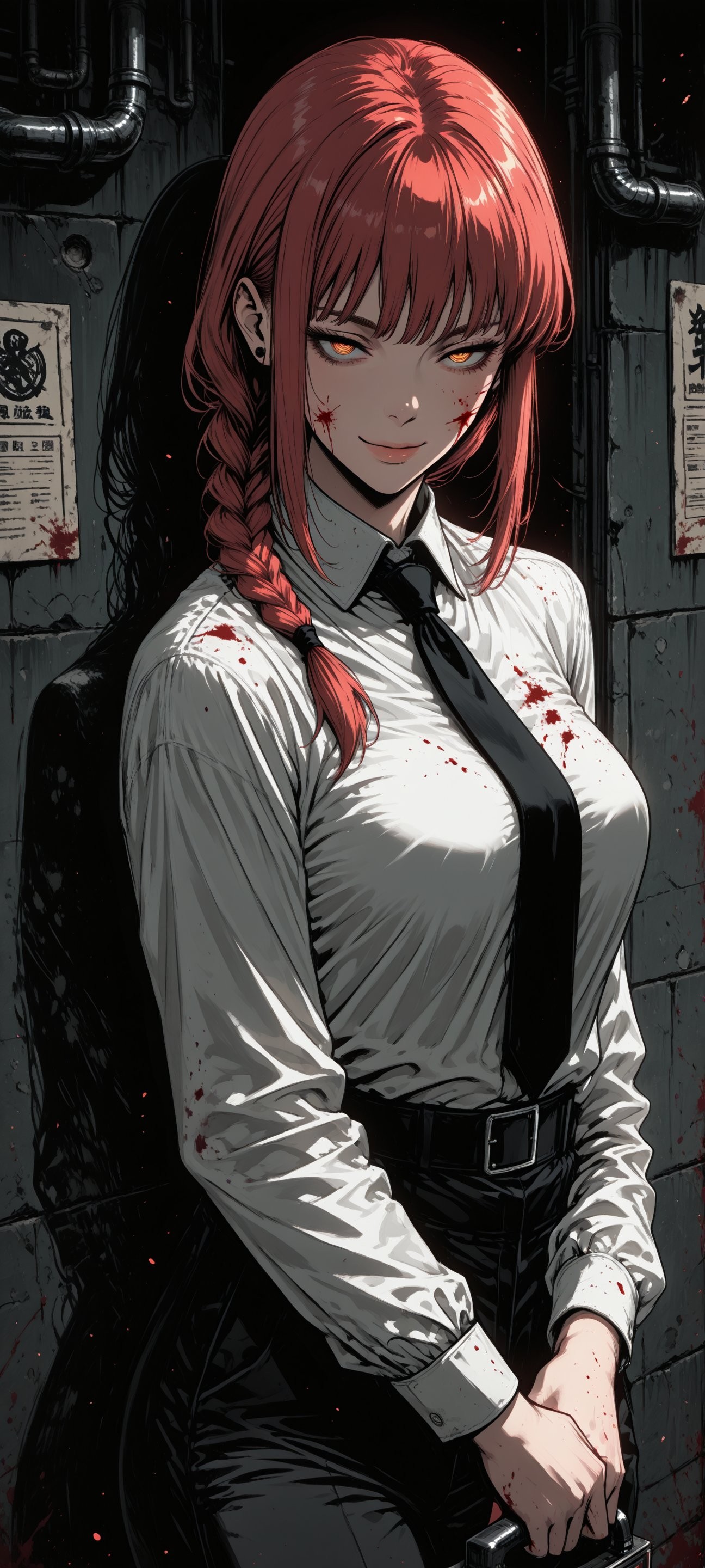Mujer de cabello rojo con trenza lateral camisa blanca manchada de sangre y corbata negra apoyada en la pared mirando al frente