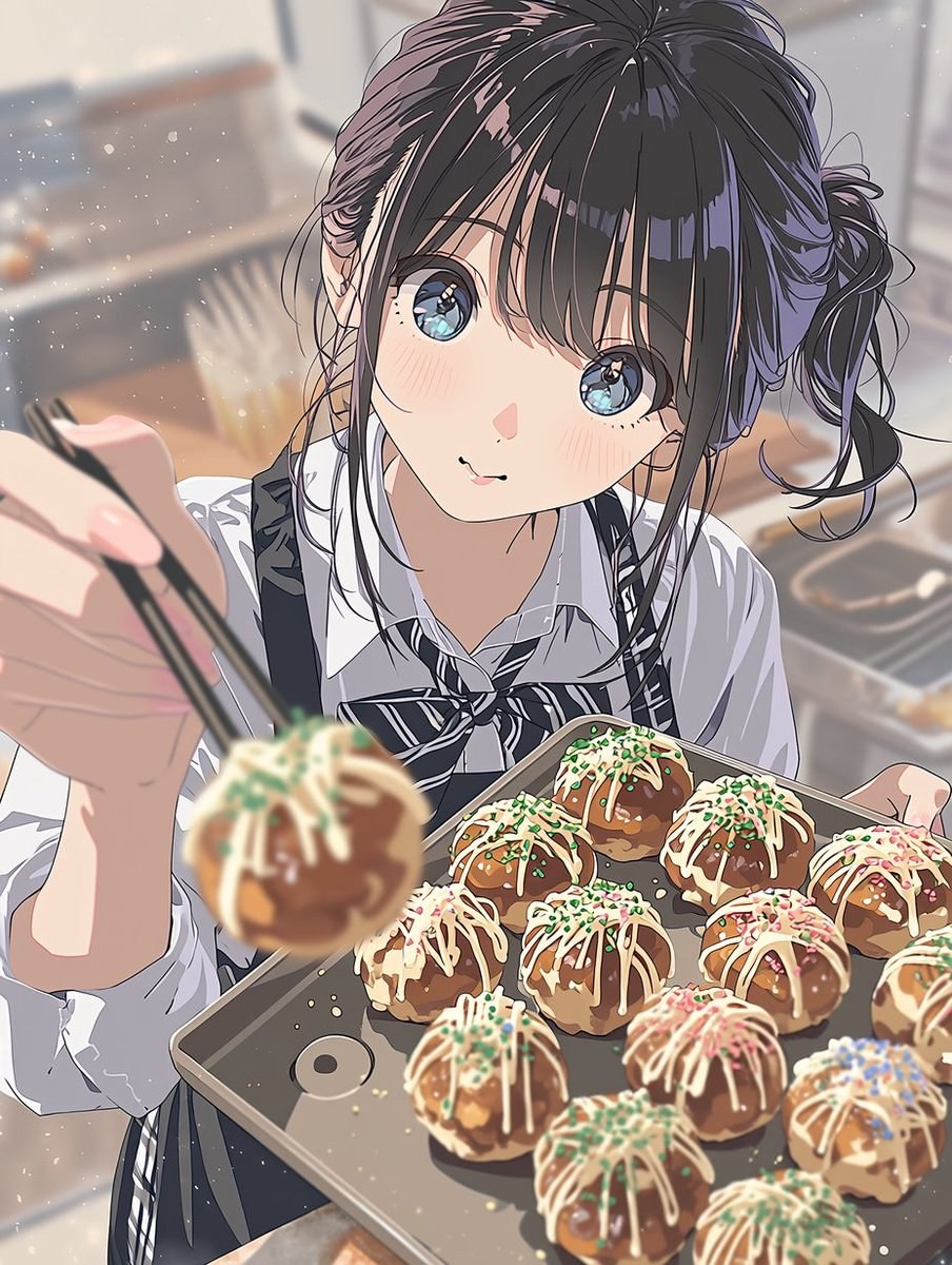 Une fille d'anime aux cheveux noirs en uniforme scolaire propose de la nourriture avec des baguettes