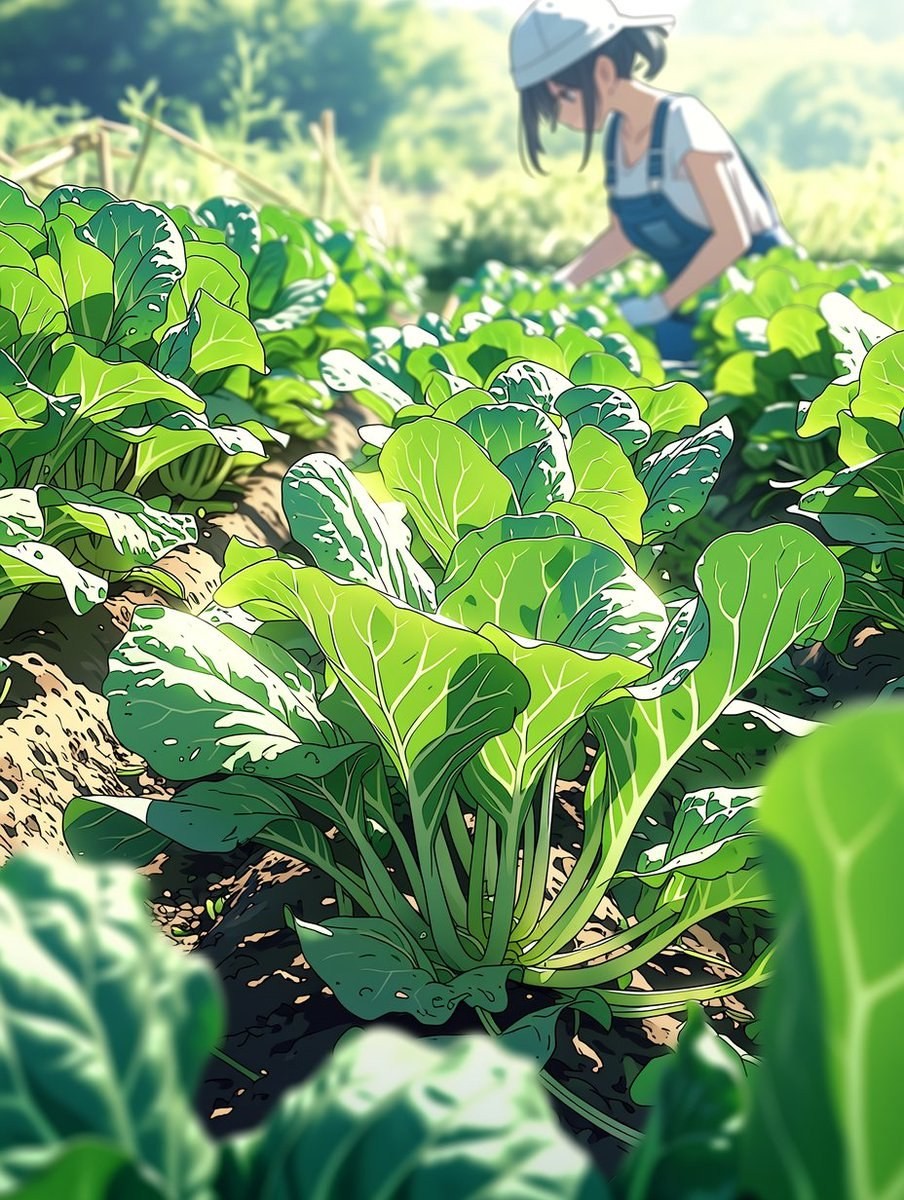Una escena vibrante en un jardín de verduras de verano con hojas verdes y una persona trabajando