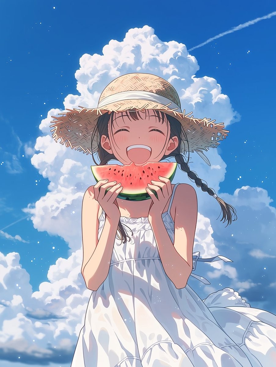 Una niña disfruta de la sandía bajo el sol de verano