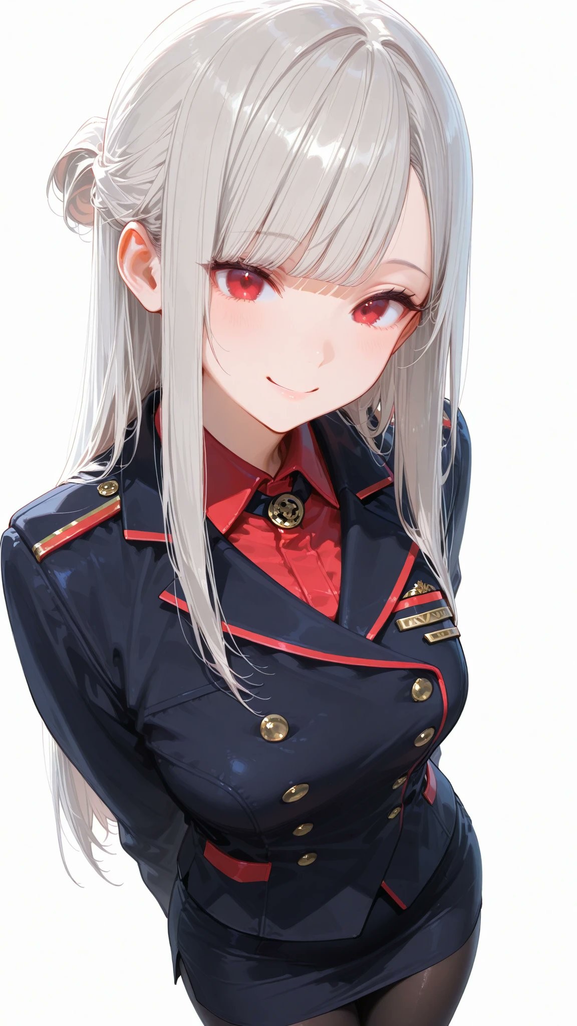 An anime female character with long platinum-silver hair and large crimson eyes