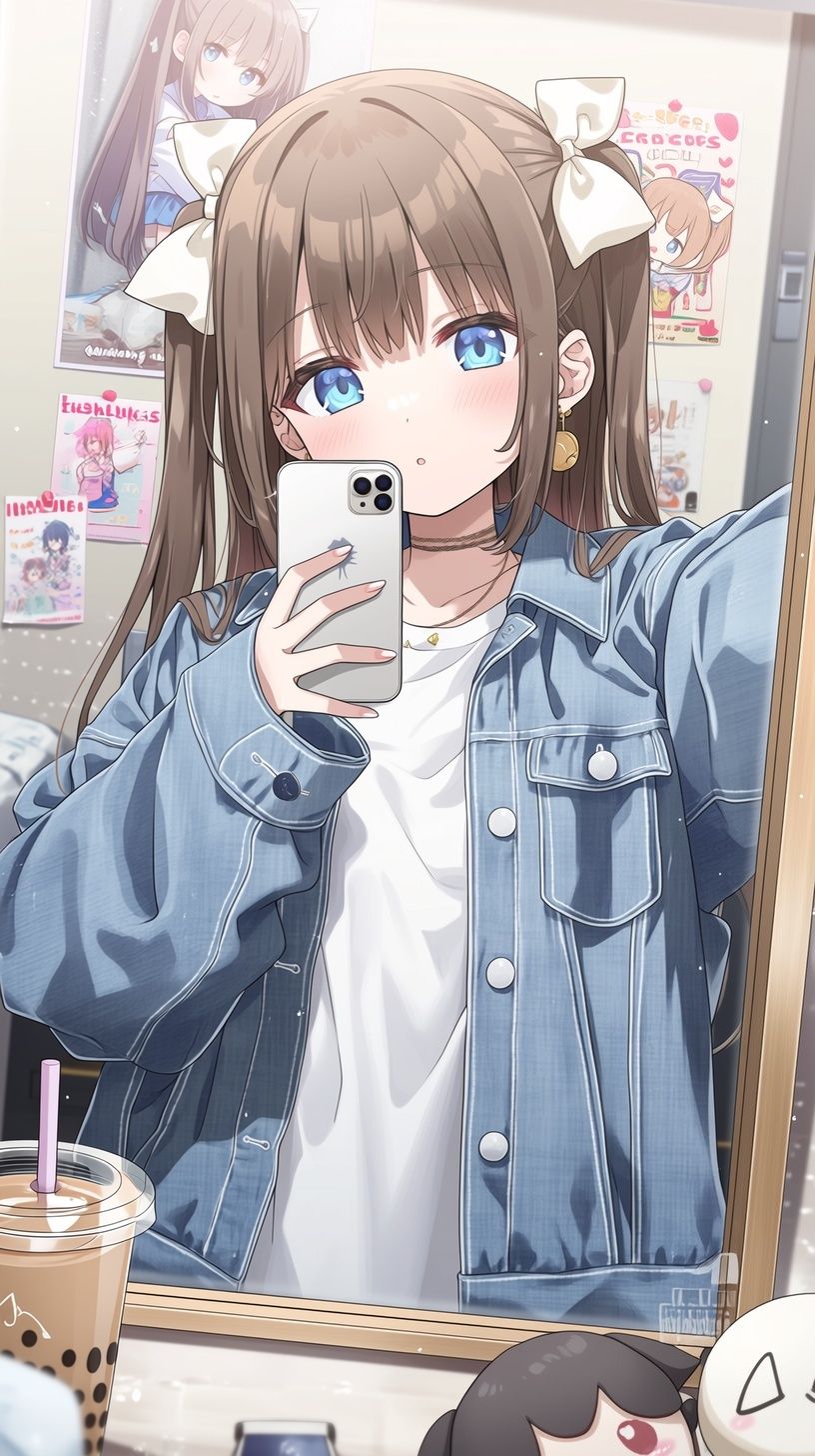 Selfie anime d'une fille de 17 ans aux couettes de lin attachées avec des nœuds en dentelle blanche, portant une veste en jean surdimensionnée lavée et un t-shirt blanc, prenant un selfie avec un smartphone dans une chambre de location confortable.