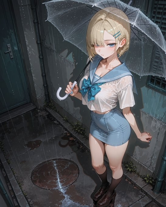 一位金髮少女在雨中撐著透明伞，穿著藍白短袖、藍短裙和黑色中筒襪
