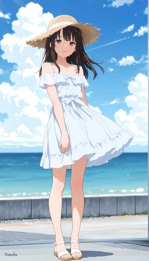 Ein Mädchen mit schwarzen Haaren in einem weißen Kleid und einem breitkrempigen Strohhut steht auf der Strandpromenade.