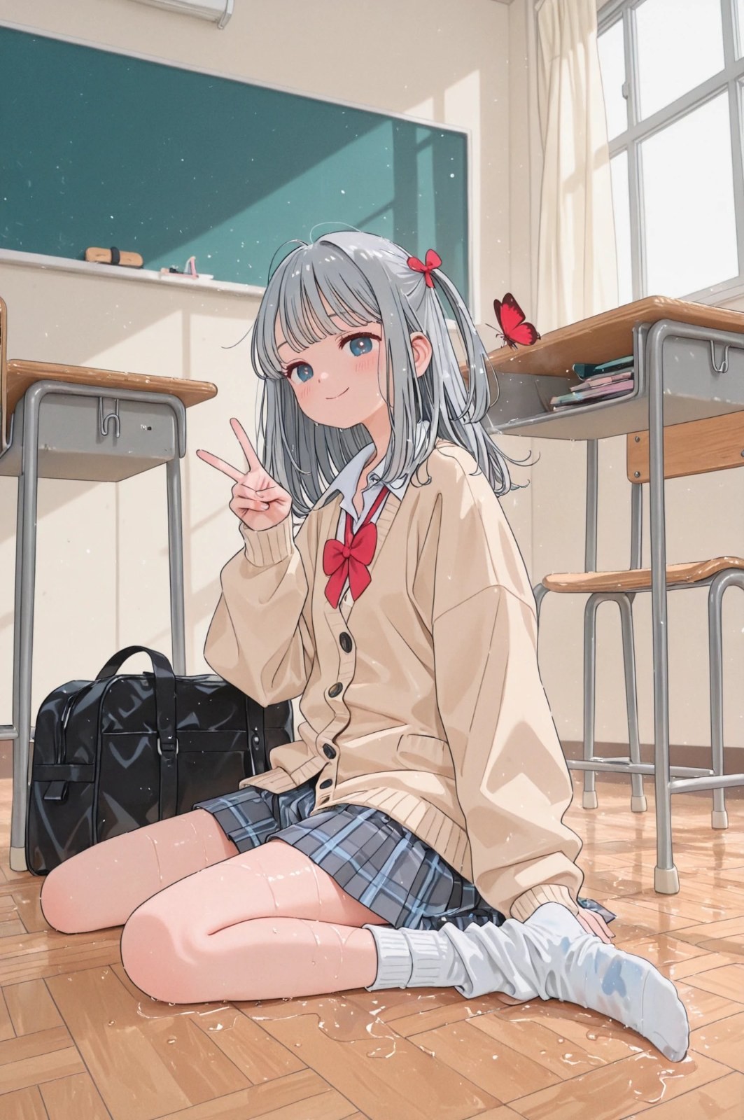 Ein Anime-Mädchen in frischer und weicher Schuluniform sitzt in einem Klassenzimmer und nimmt eine niedliche Pose ein.