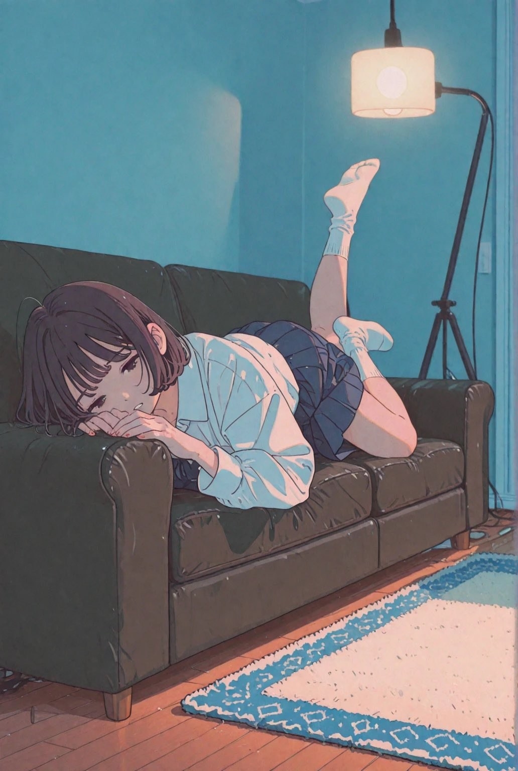 Ein Mädchen mit schwarzem Haar liegt auf einem Sofa mit einem hellblauen Hemd und einem dunklen karierten Minirock, die Beine gekreuzt und die Augen blicken in die Ferne, im japanischen Anime-Illustrationsstil.