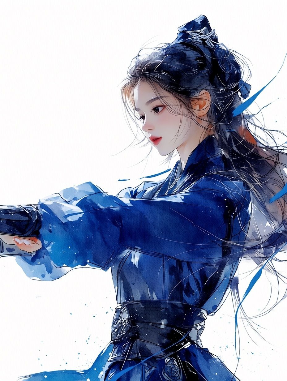 Eine Fusion aus traditioneller antiker Ästhetik und Cyberpunk-Elementen, die Vektorgrafiken, Aquarell und Nass-in-Nass-Techniken verwendet, um den Charme der traditionellen Tuschmalerei hervorzurufen. Das Bild zeigt eine Frau in blauer traditioneller Kleidung, die die frische Luft umarmt, mit exquisiten Gesichtszügen und Händen, während ihr langes Haar natürlich über ihren Rücken fällt.