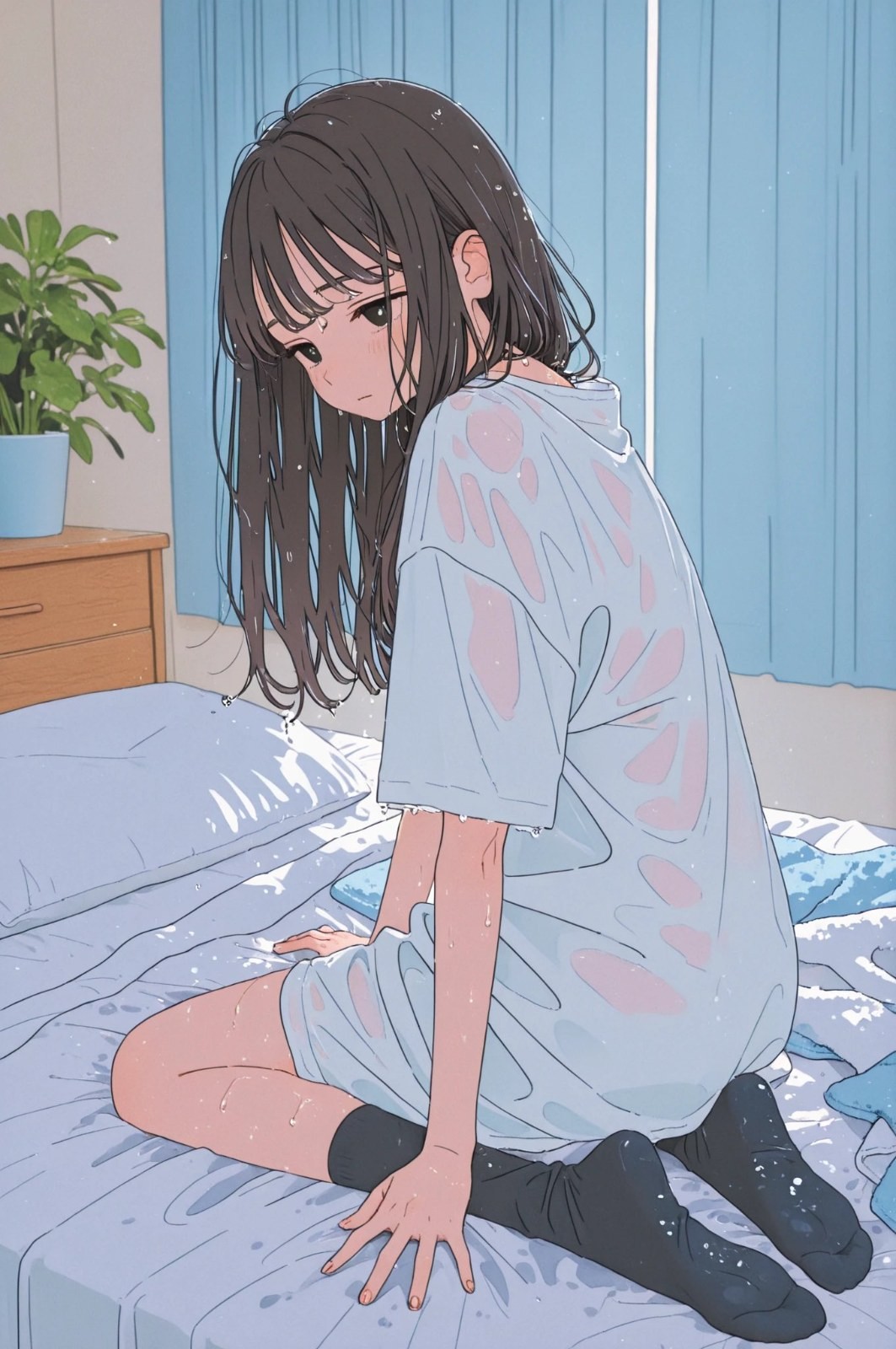 Anime-Mädchen liegt im Bett in weißem T-Shirt und schwarzen Socken, im frischen japanischen Illustrationsstil.