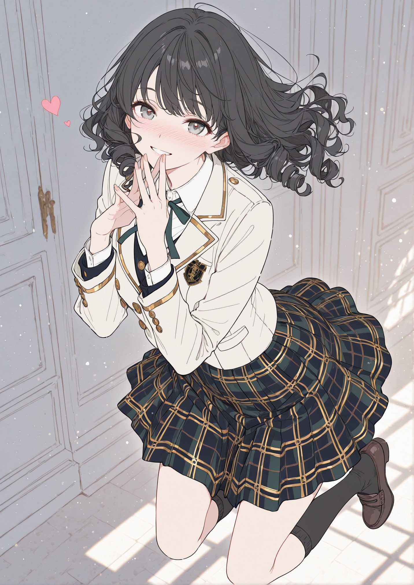 A girl in a black and white pleated skirt appreciates the afternoon sun in a Japanese school campus animation style.
