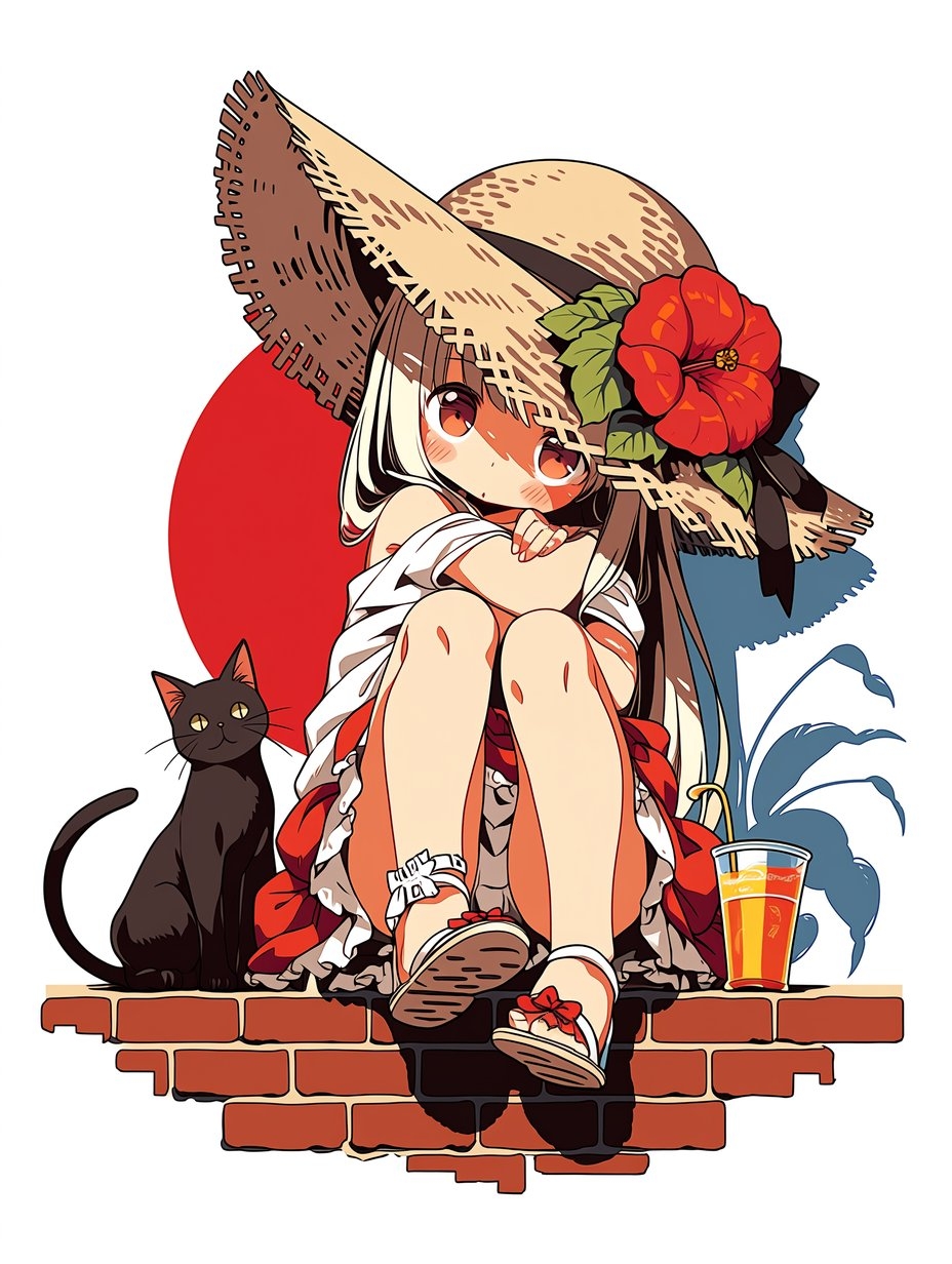 A girl in a hat sits on a wall with a black cat and a drink beside her