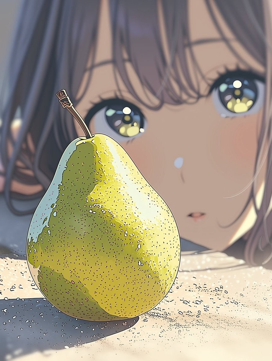 A woman is focused on a teal pear