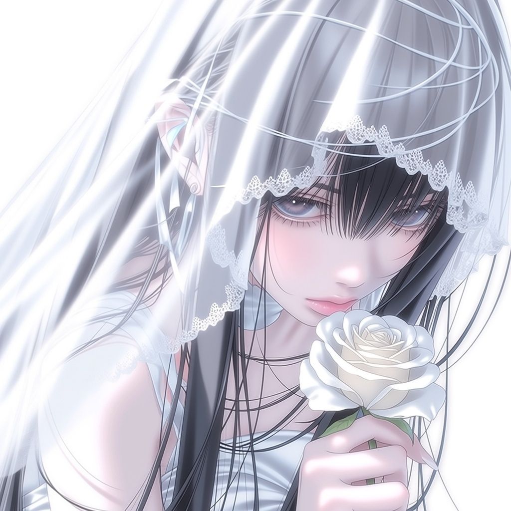 Mulher de anime madura com cabelos pretos longos, ângulo de cima para baixo, usando um elegante vestido de casamento, segurando uma única rosa branca, expressão calma e distante, detalhes delicados de renda