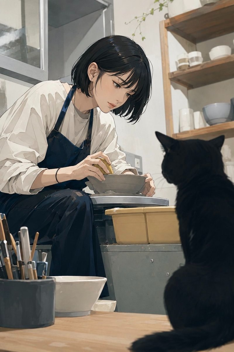 A woman is finely shaping pottery in a clay studio with a cat beside her