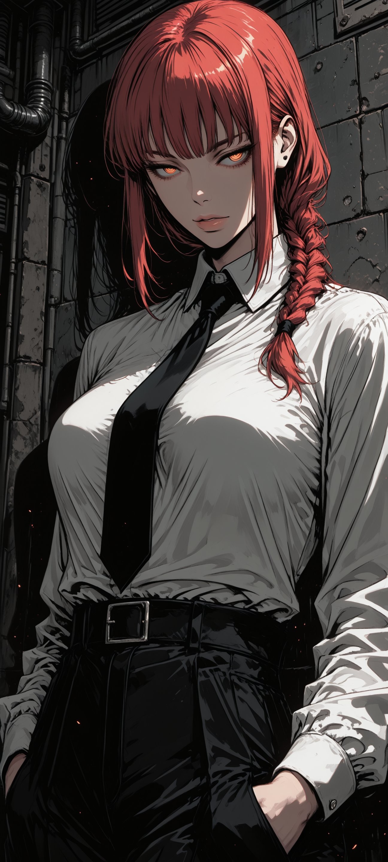 mulher de cabelo vermelho veste camisa branca gravata preta e calças pretas olhando friamente para frente