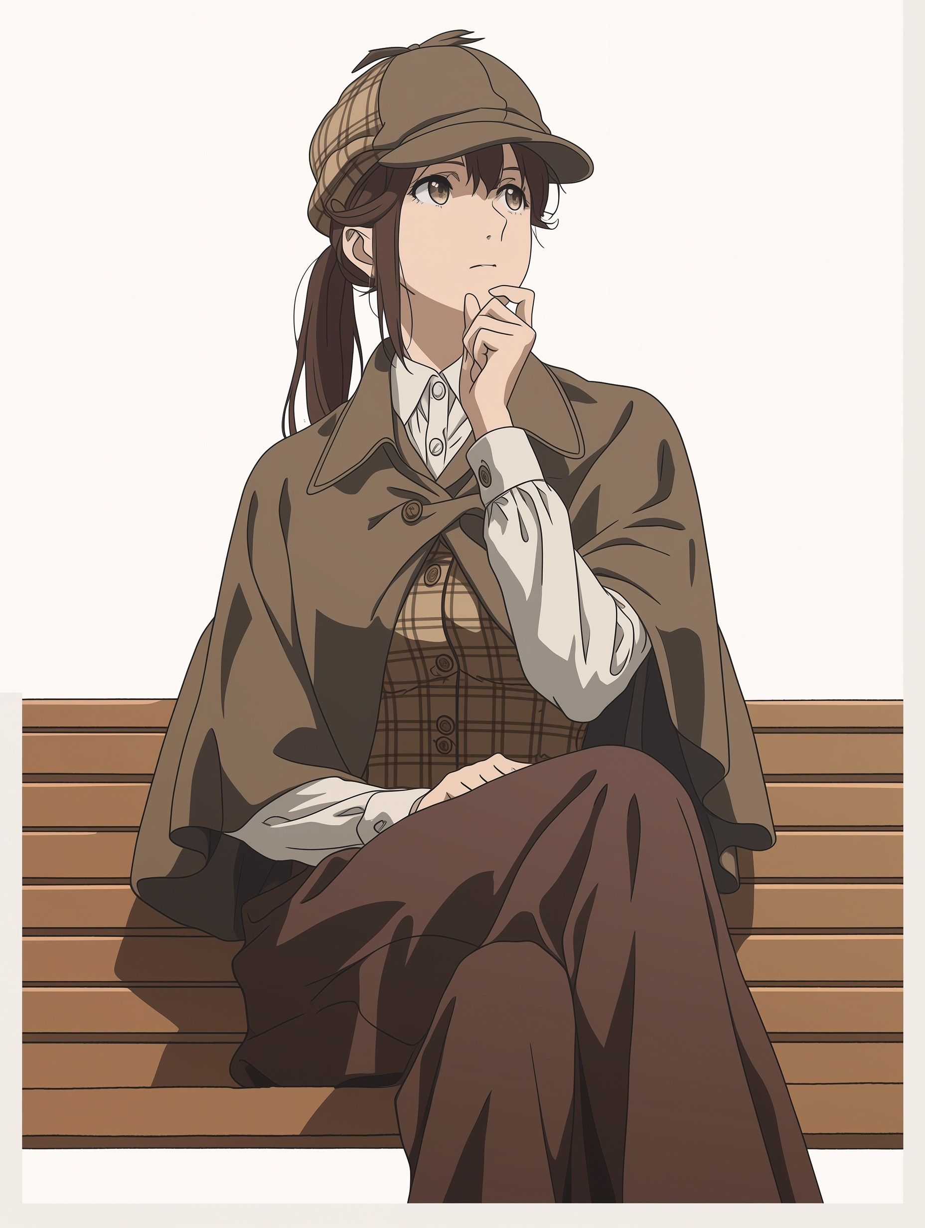 Female Victorian detective in vintage formal wear featuring deerstalker cap and slim inverness cape, sitting quietly on a bench lost in thought in a modern Japanese anime style from the 2020s