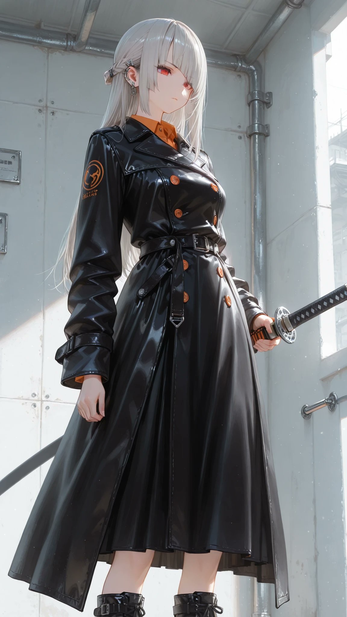 A silver-haired woman in a black trench coat holding a katana exudes a calm yet powerful presence