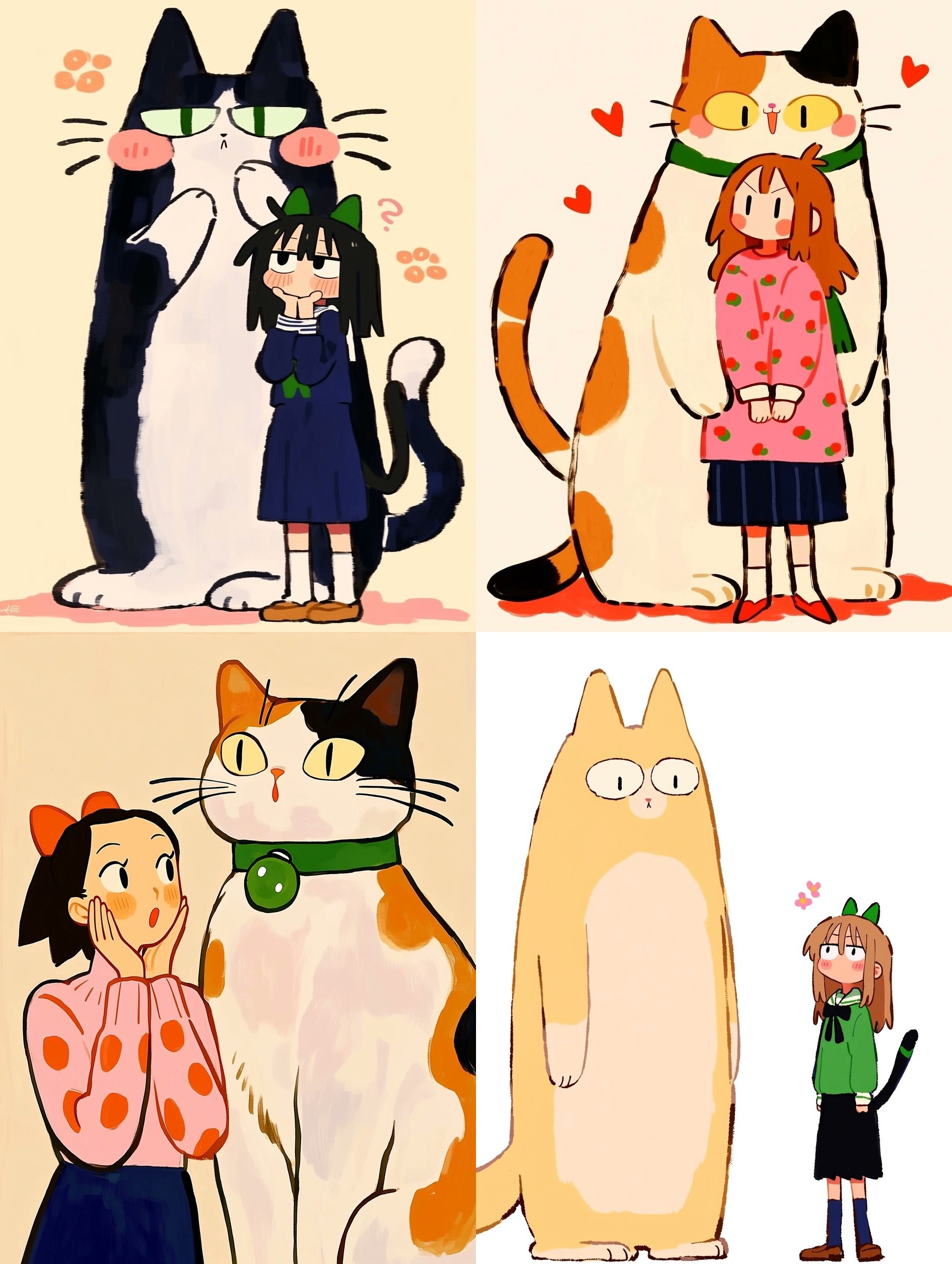 La bande dessinée en quatre cases montre quatre filles interagissant avec des chats, créant une atmosphère ludique et dynamique