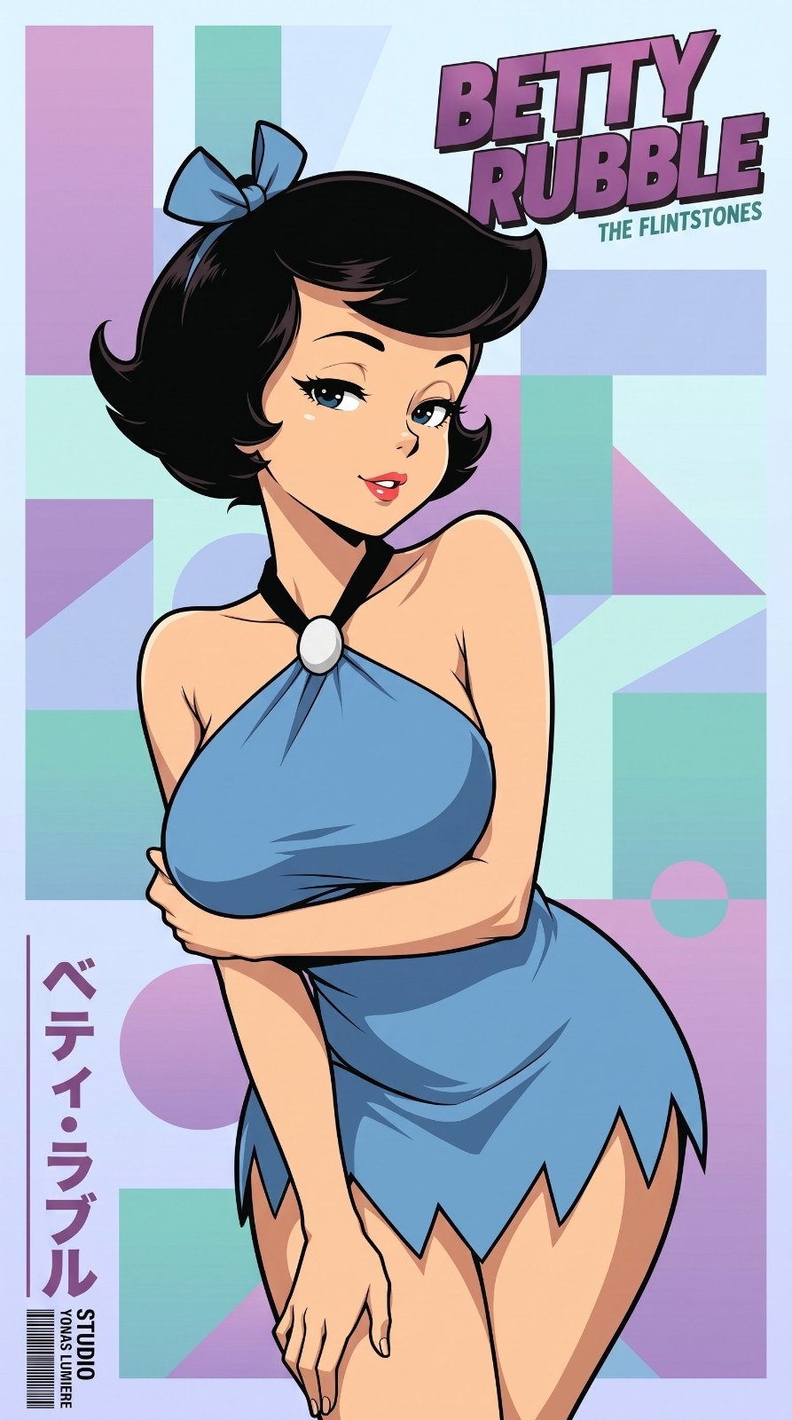 검은 단발 여성 캐릭터가 파란색 목걸이 없는 드레스를 입고 나비 리본을 하고 있다