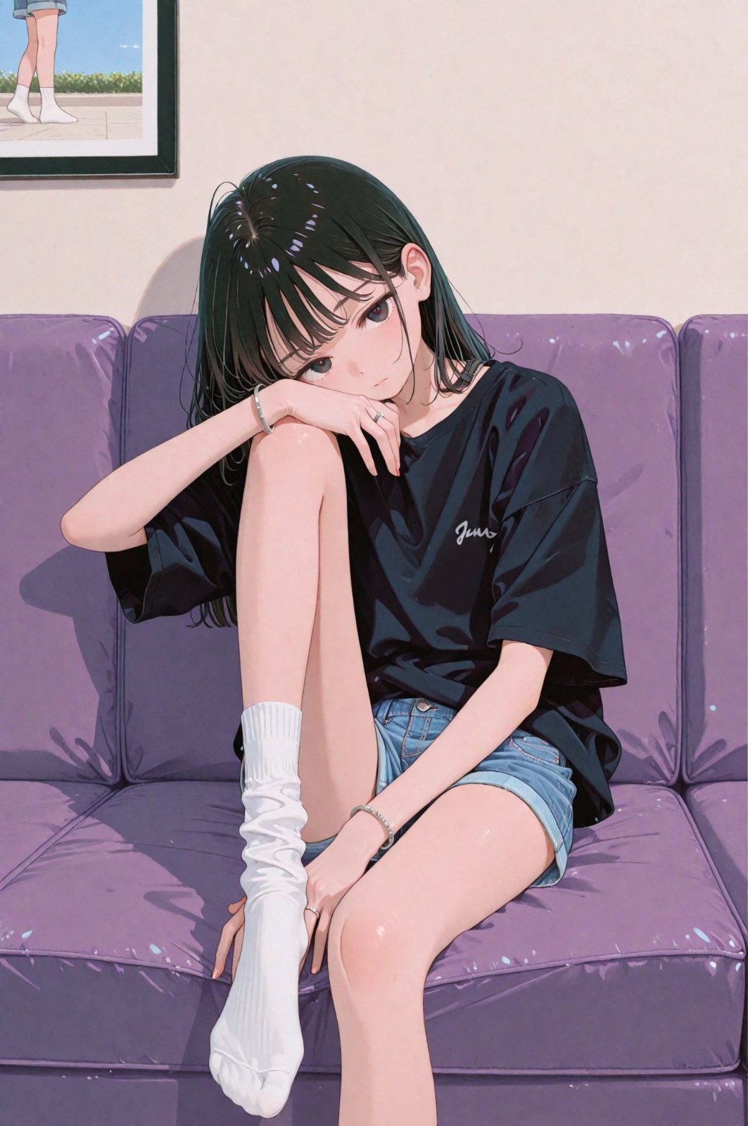 Une fille aux cheveux noirs est assise sur un canapé violet, portant un T-shirt noir et un short bleu