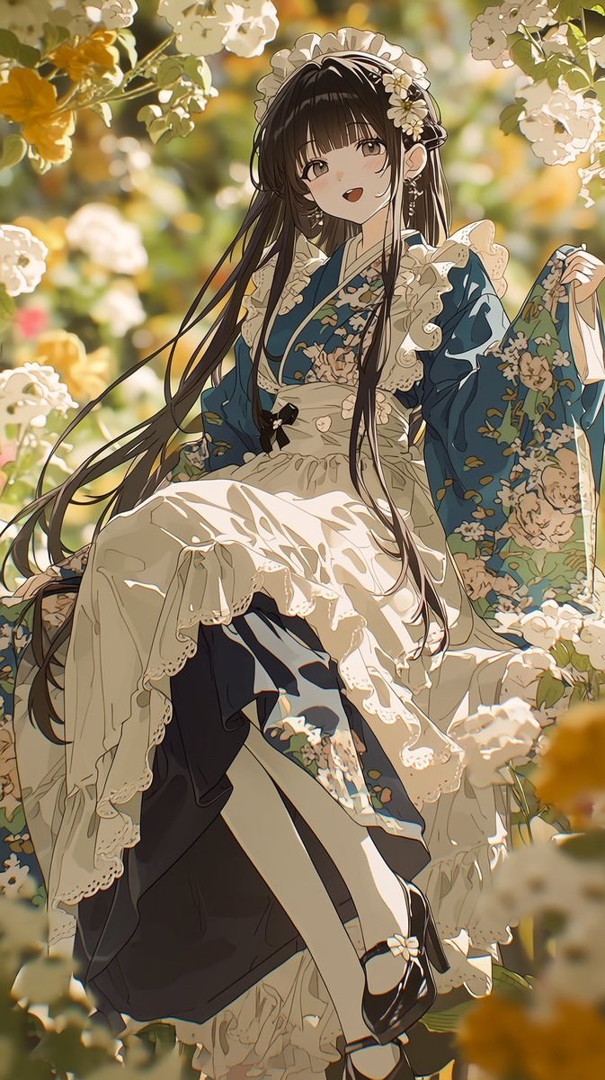 Ein schwarzhaariges Anime-Mädchen in einem japanischen Dienstmädchenoutfit sitzt zwischen Blumen und präsentiert einen romantischen und schönen japanischen Illustrationsstil.