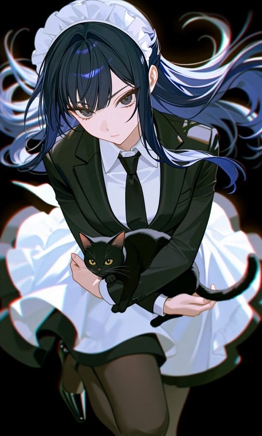 Une personnage féminin avec des cheveux dégradés bleu et noir porte un costume noir et un tablier en tenant un chat noir