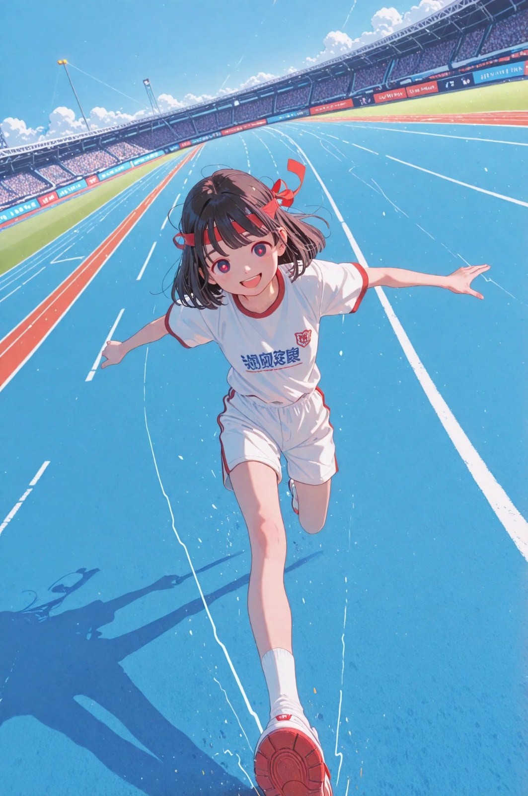 A black-haired girl in white and red sportswear and shorts is running on a blue track.
