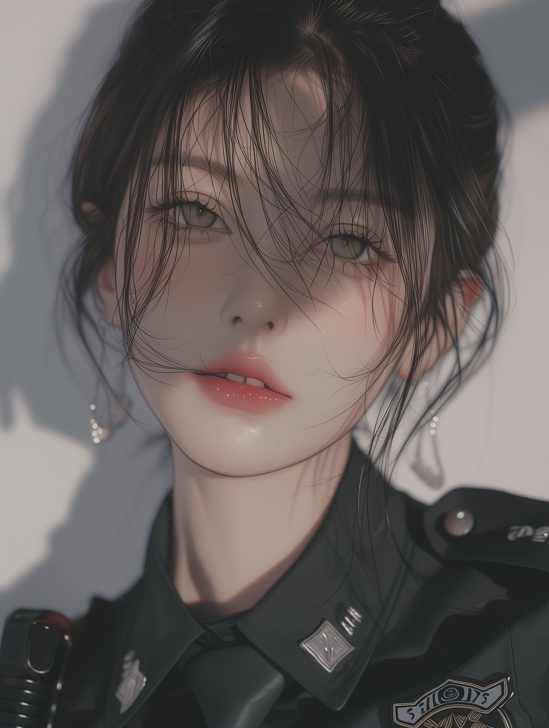 Koreanisches Model mit halbrealistischem Gesicht, hochwertiges 8k-Bild, fairer und gesunder blasser Hautton, geheimnisvolle Schönheit mit schwarzem Haar, kurzer Haarschnitt in Polizeiuniform.