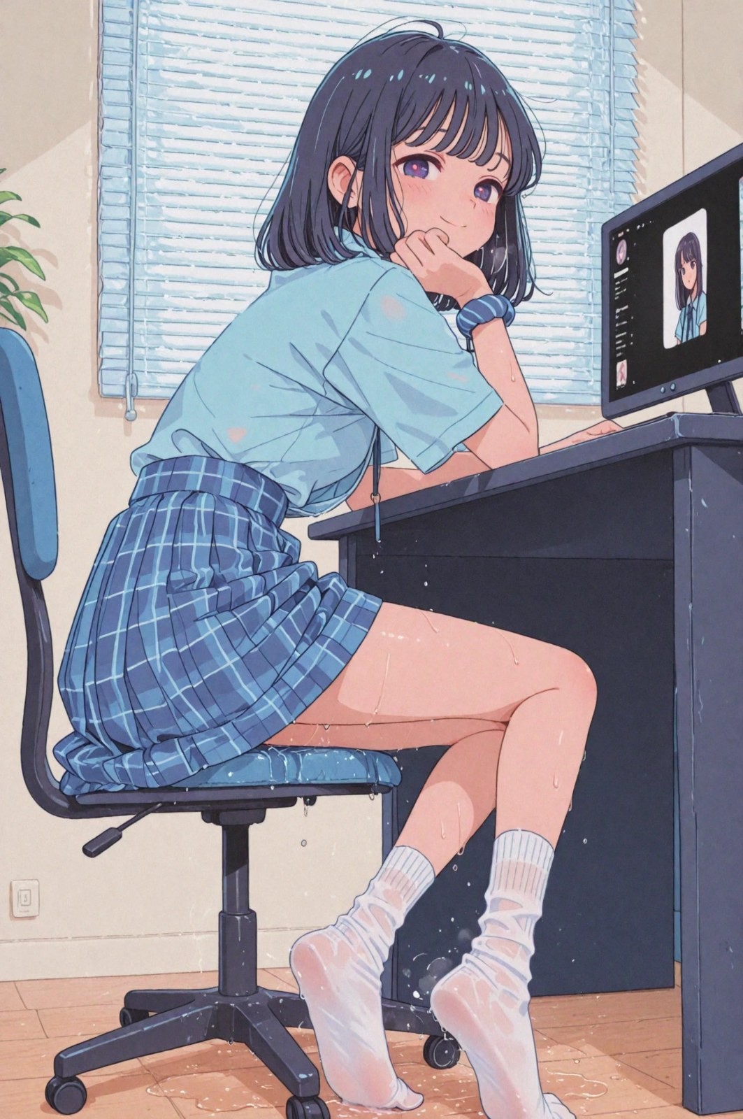 Ein Mädchen in japanischer Kleidung sitzt auf einem Stuhl und betrachtet das Innere Licht und Wassertropfen.