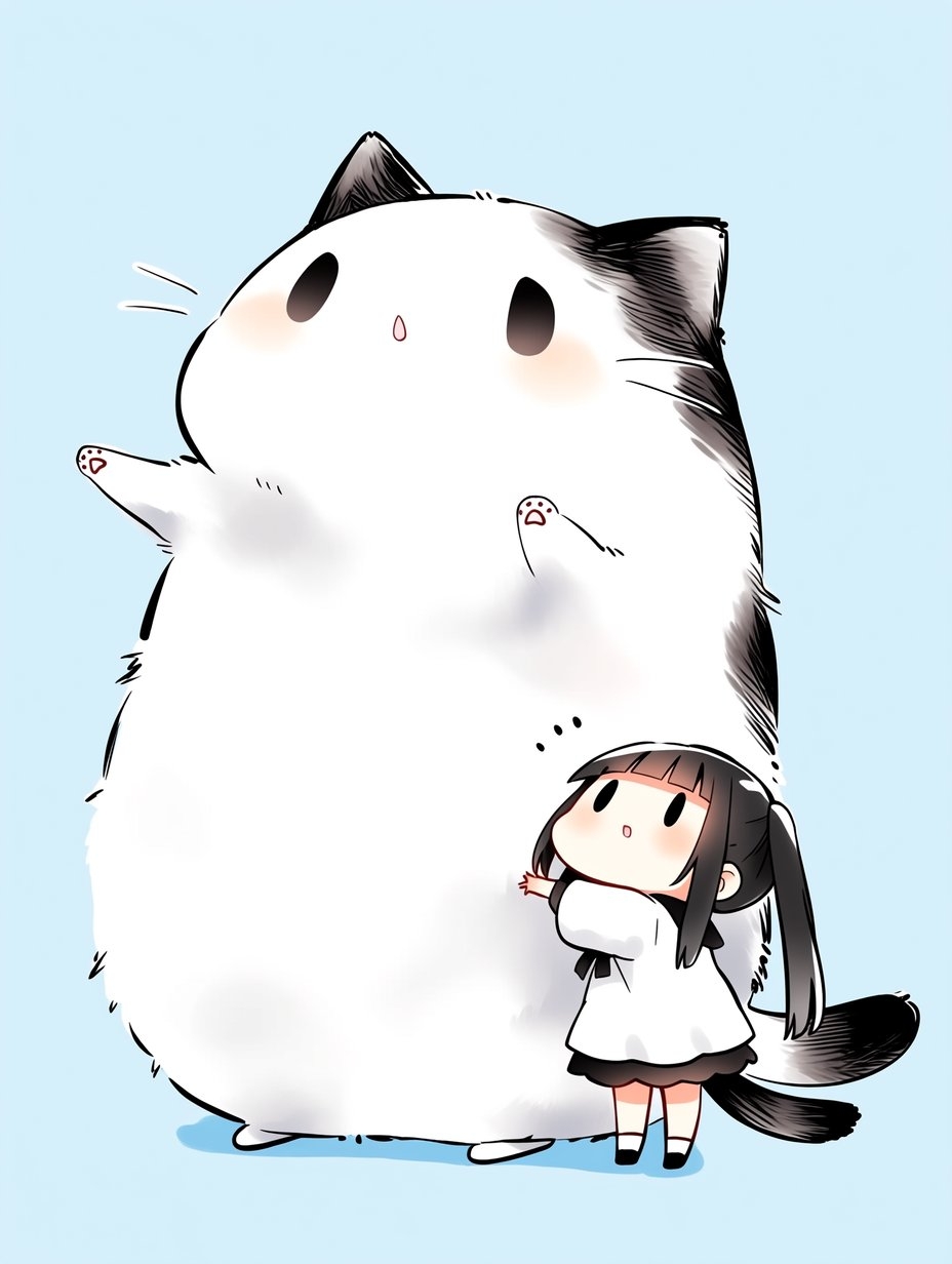 A black-haired girl in a white dress holds a large fluffy cat