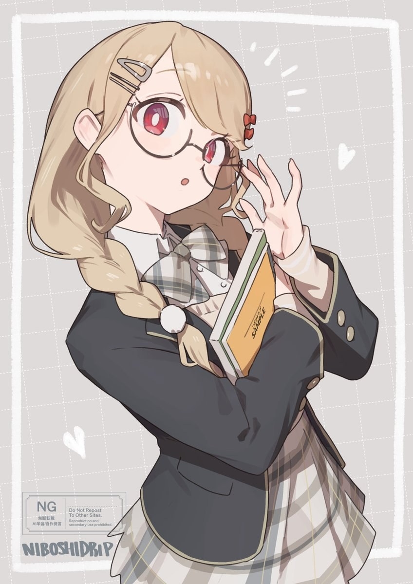 일본식 교복을 입은 만화 소녀, 연한 갈색 롱 헤어, 안경을 쓰며 부드러운 일러스트 스타일로 책을 안은 모습.