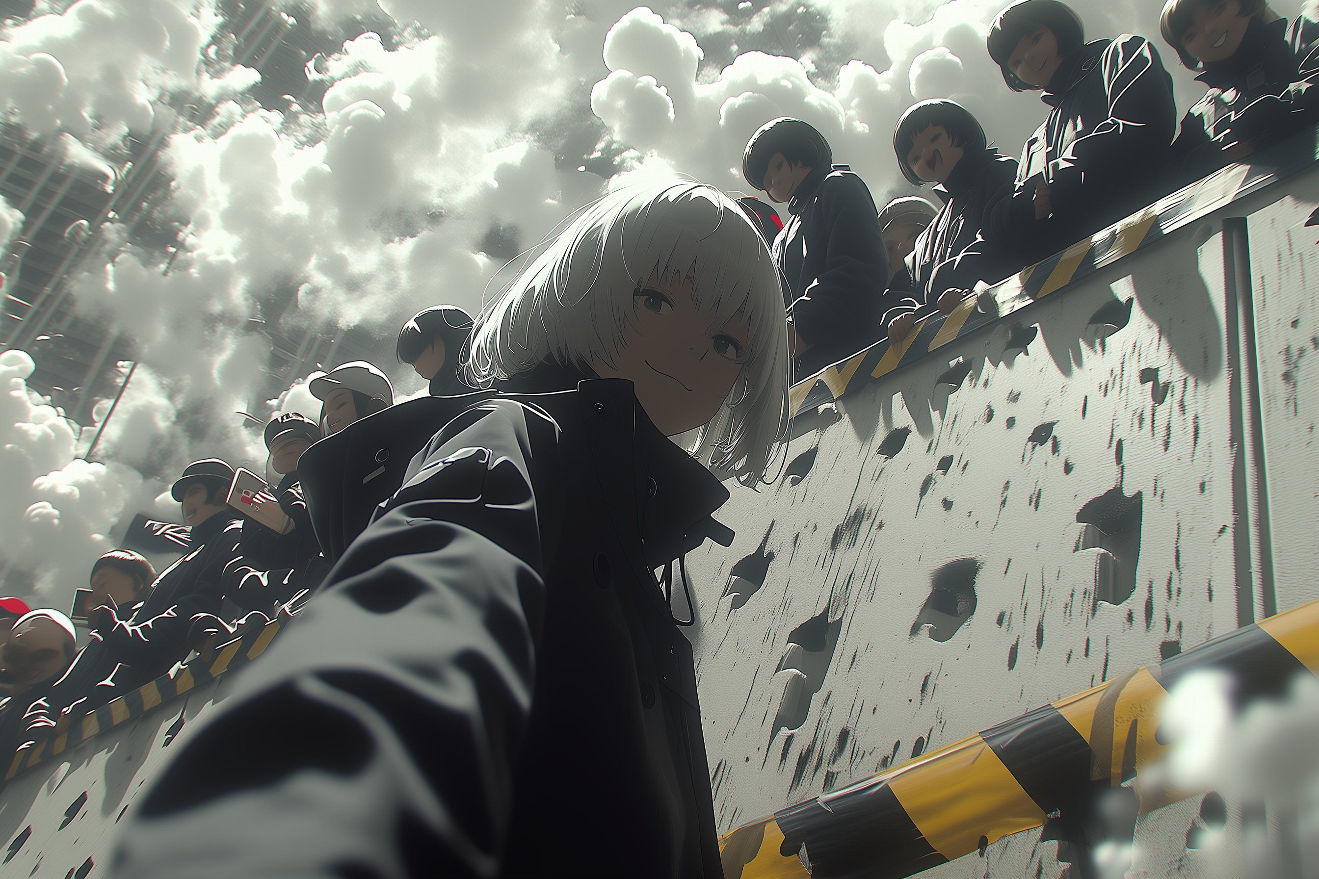 silver short-haired girl in black jacket taking selfie in intense scene