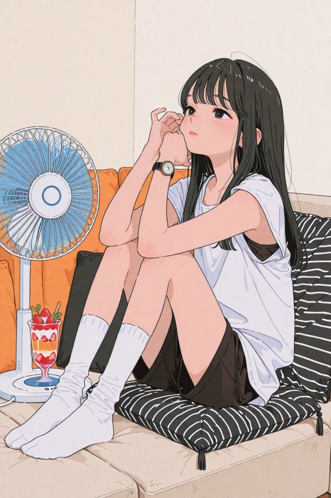 Une fille aux longs cheveux noirs est assise sur un canapé beige portant un t-shirt blanc ample et un short noir, associé à des chaussettes blanches montant jusqu'aux genoux et une montre-bracelet, regardant vers le coin supérieur gauche de l'image.