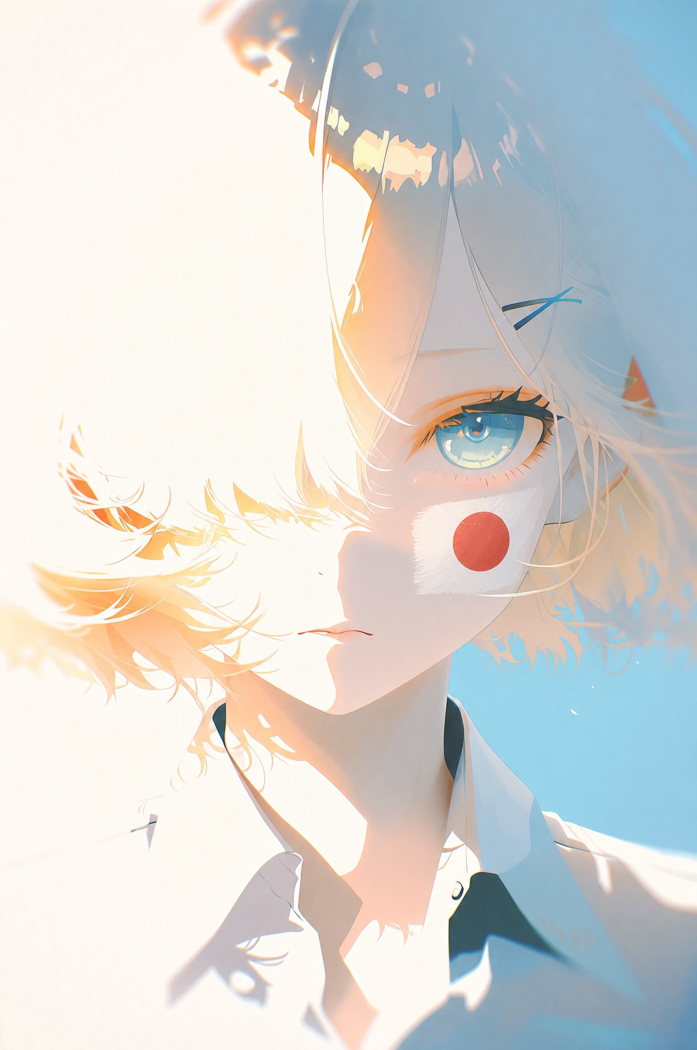 The illustration features a close-up of a white-haired girl with silver short hair and beast ears, blue eyes, a mysterious mark, and wearing a white shirt with a black tie