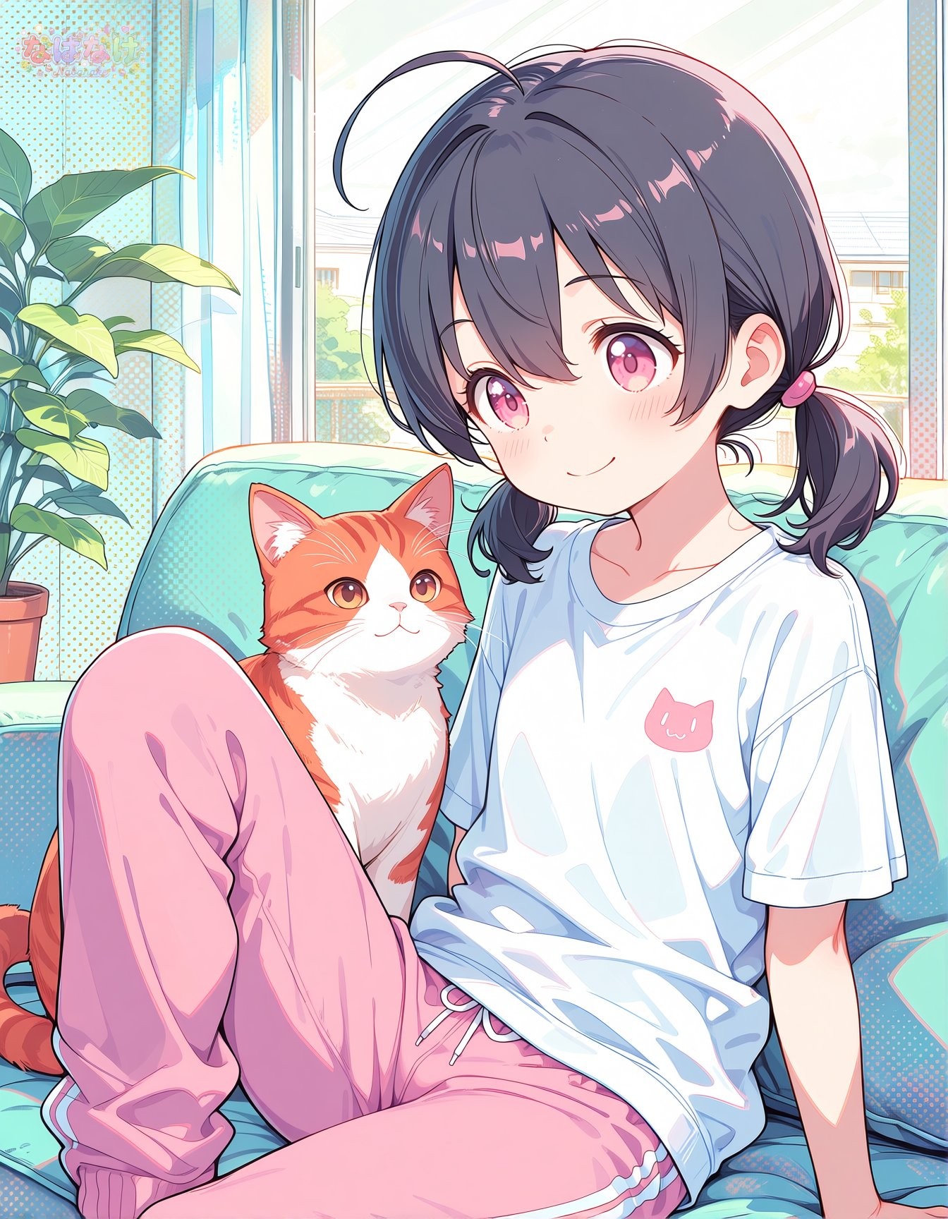Short black hair with pink highlights and a low side ponytail, wearing an oversized white T-shirt and baggy pink sweatpants while lounging on the couch