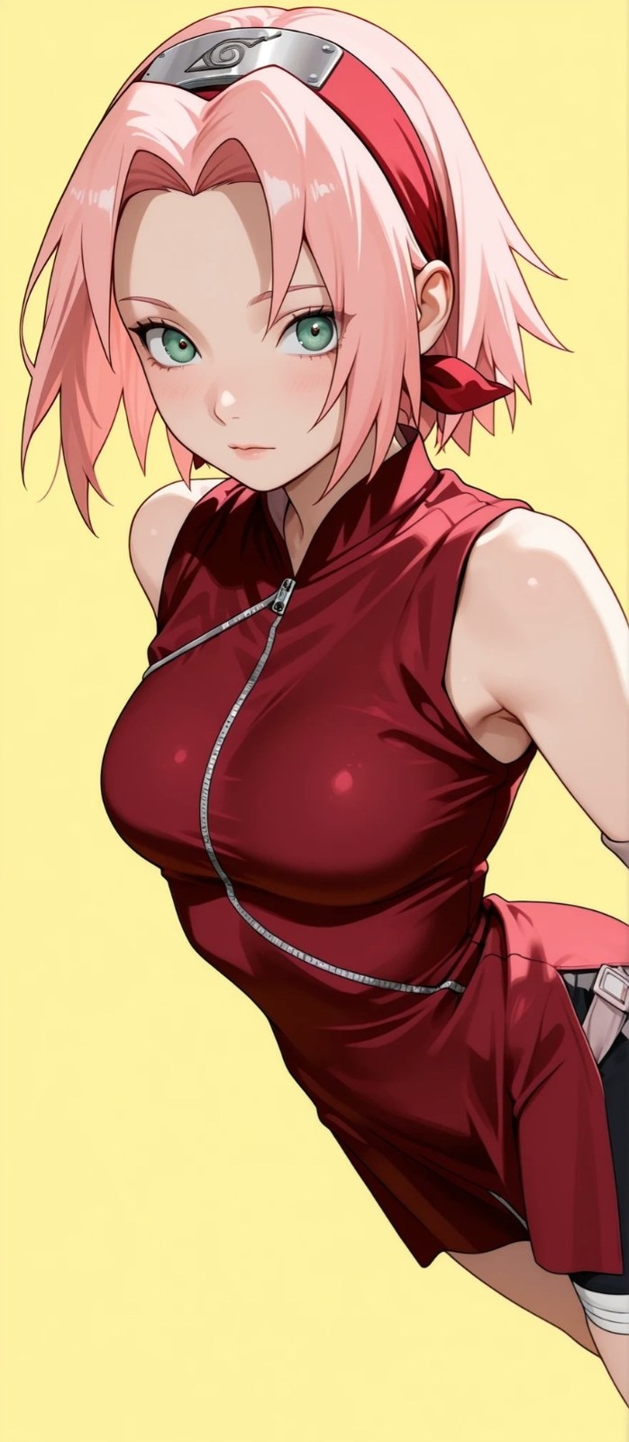 A pink-haired female anime character wearing a red qipao and black pants