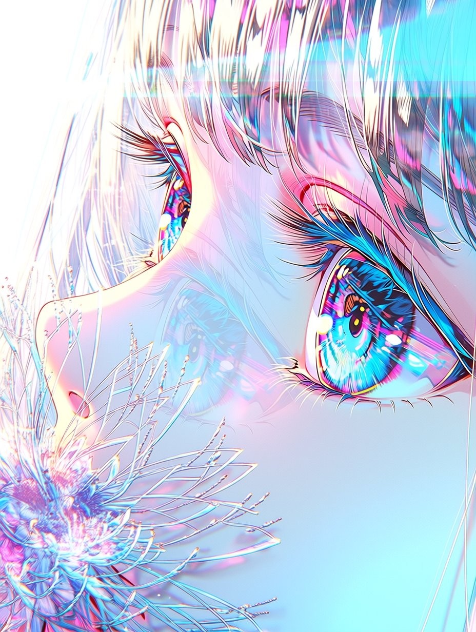 The scene focuses on a pair of emotionally charged blue-purple eyes