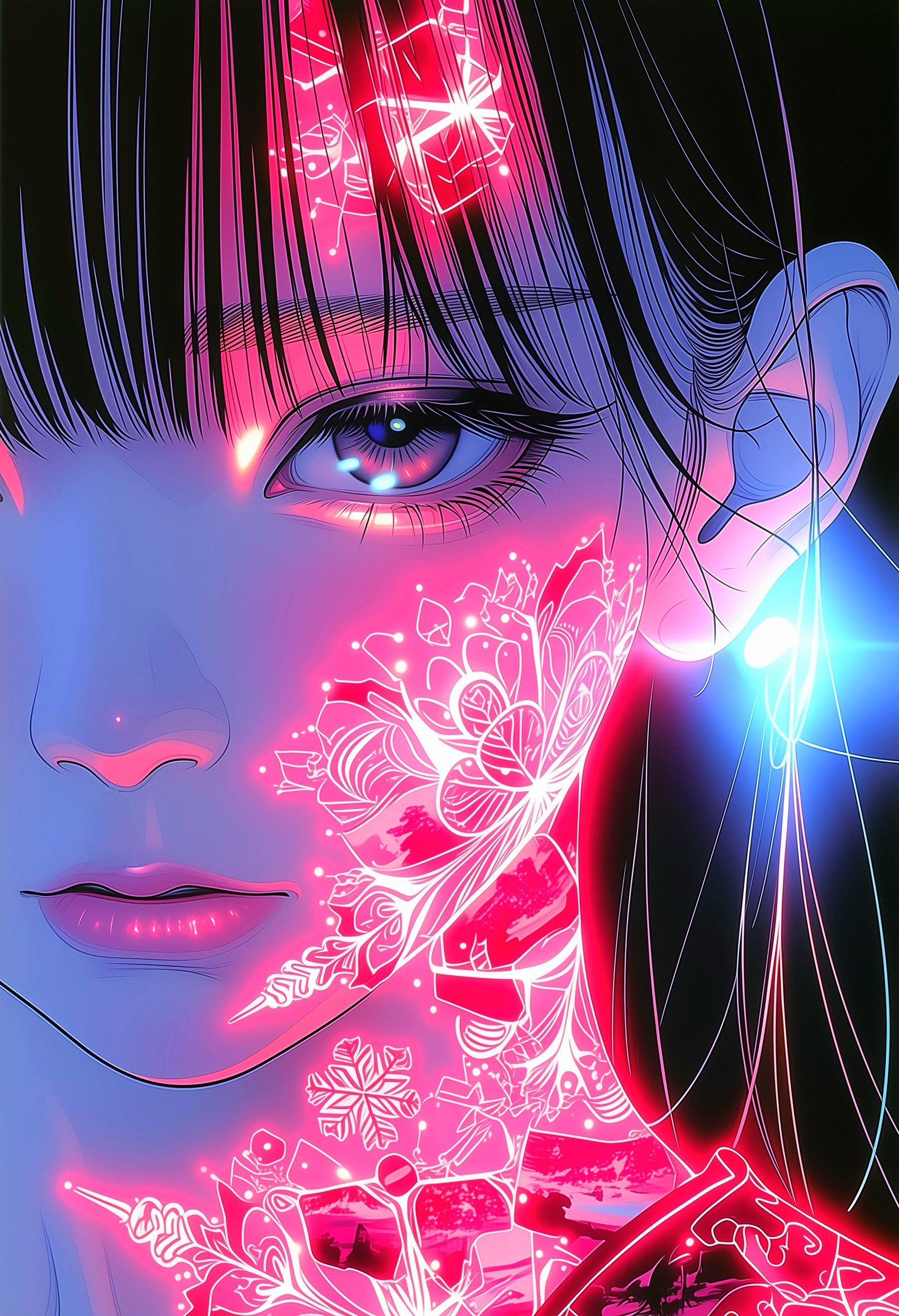 Gros plan d'une fille aux cheveux noirs avec des yeux bleus profonds et des fleurs rouges lumineuses