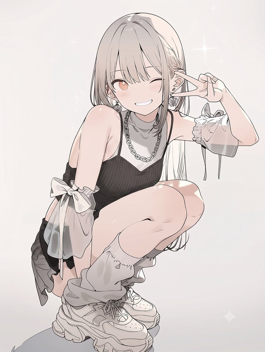 Une fille d'anime aux cheveux clairs porte un débardeur noir et un col roulé blanc, montrant un geste de victoire et un sourire radieux