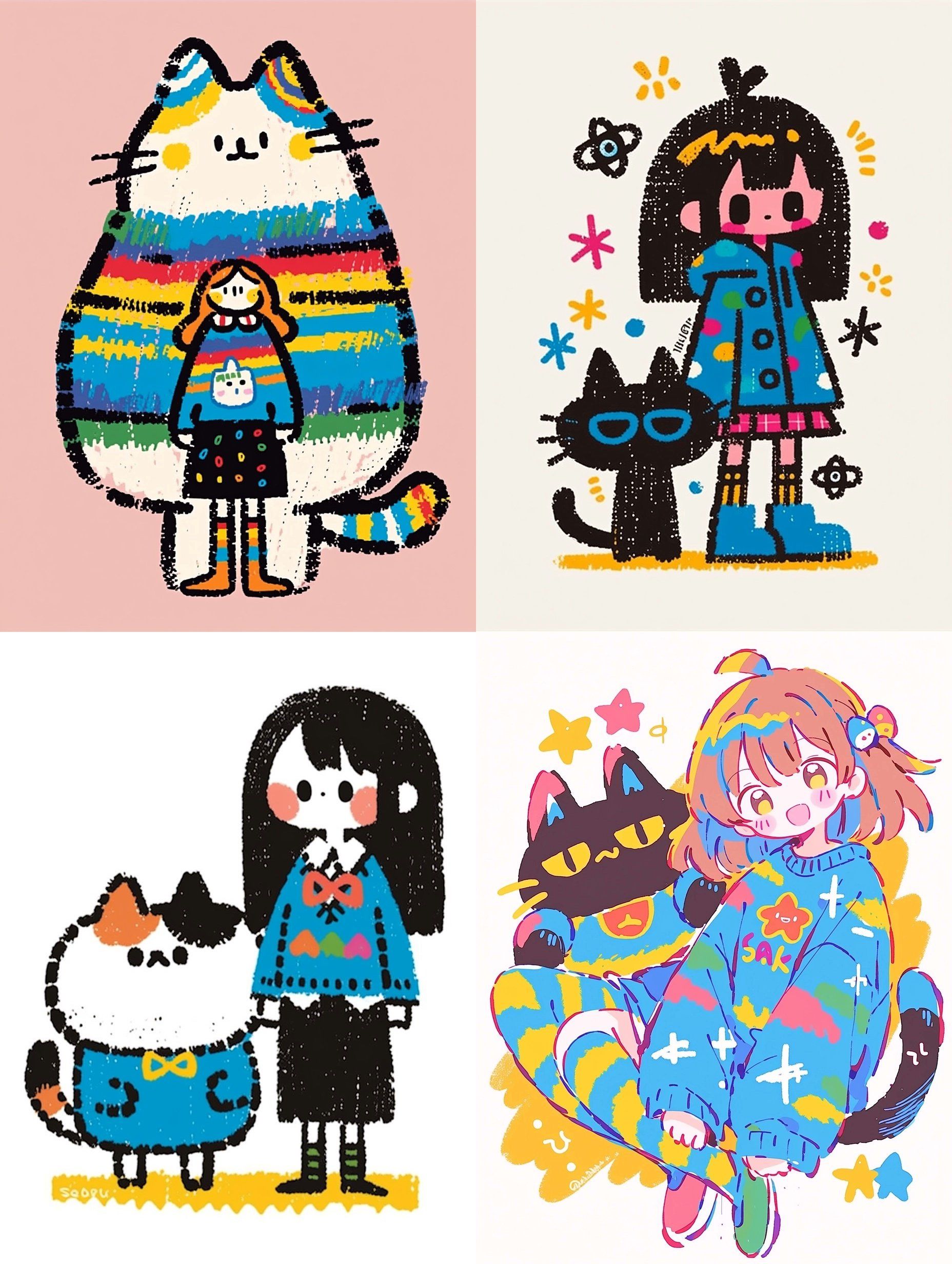 The image features four cute characters and cats, full of childishness and color