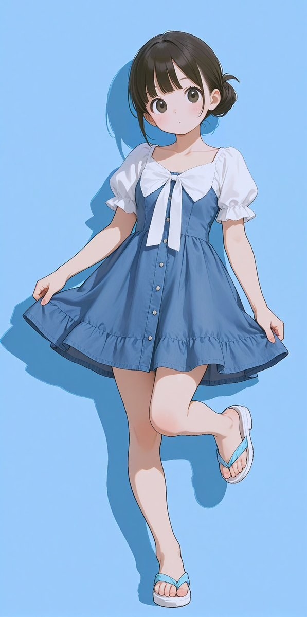 茶色の髪の少女が青と白のドッキングドレスを着ています