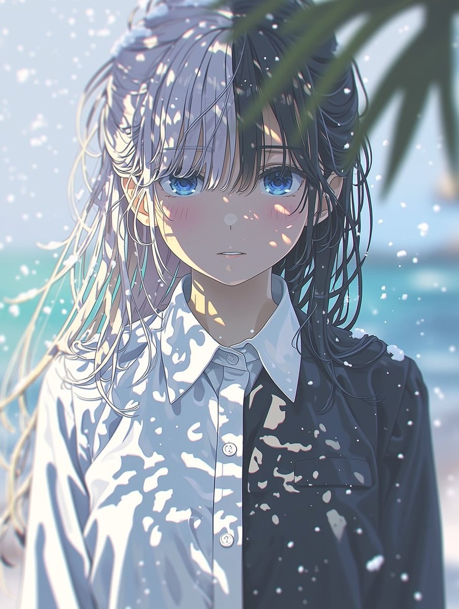 Une fille d'anime aux cheveux noirs portant une chemise blanche et une veste foncée