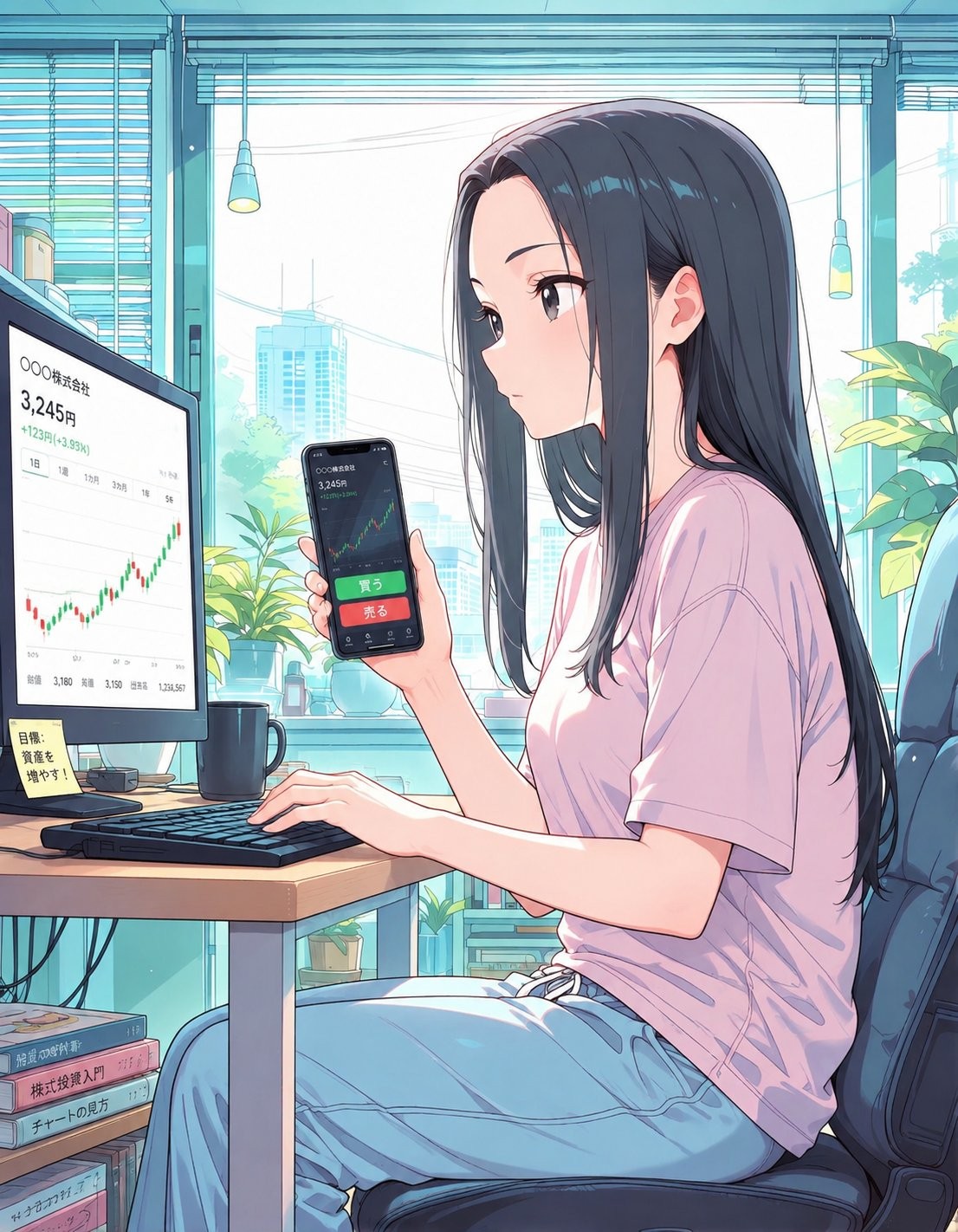 This individual with long straight black hair is dressed in a casual pink t-shirt and light blue jeans, studying stocks in a modern home office